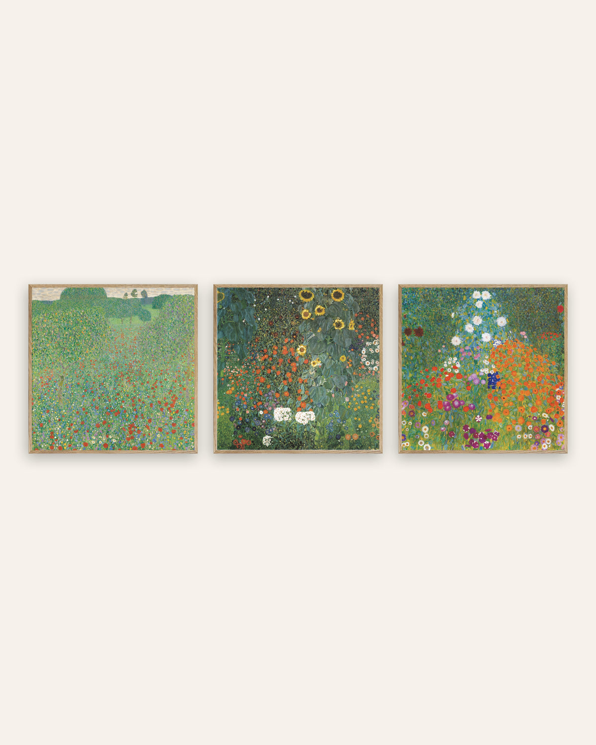 Klimt Garden Prints Set of 3 – Poppy Field, Sunflowers & Cottage Garden, prints in natural oak frames
