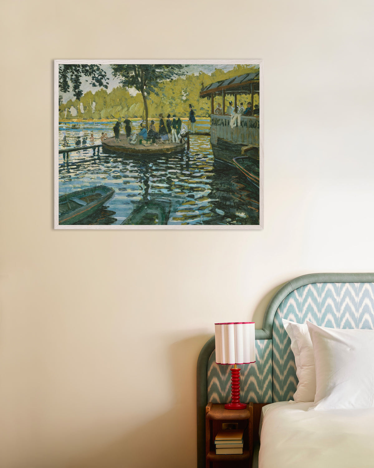 Poster of La Grenouillère (1869) by Claude Monet, with white wooden frame