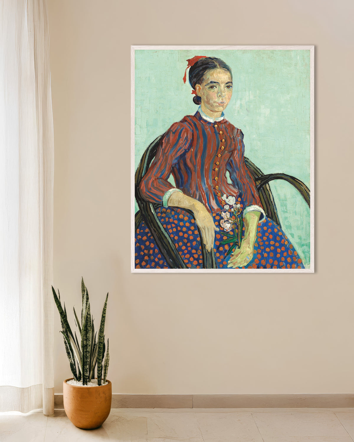 Poster of La Mousmé (1888) by Vincent van Gogh, with white wooden frame