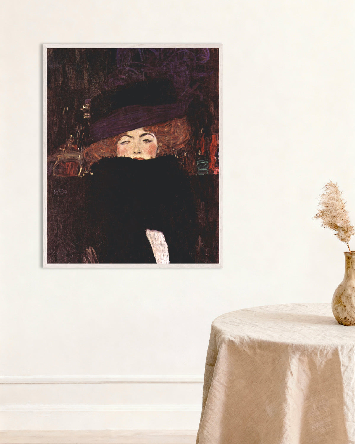 Poster of Lady with Hat and Feather Boa (1909) by Gustav Klimt, with white wooden frame