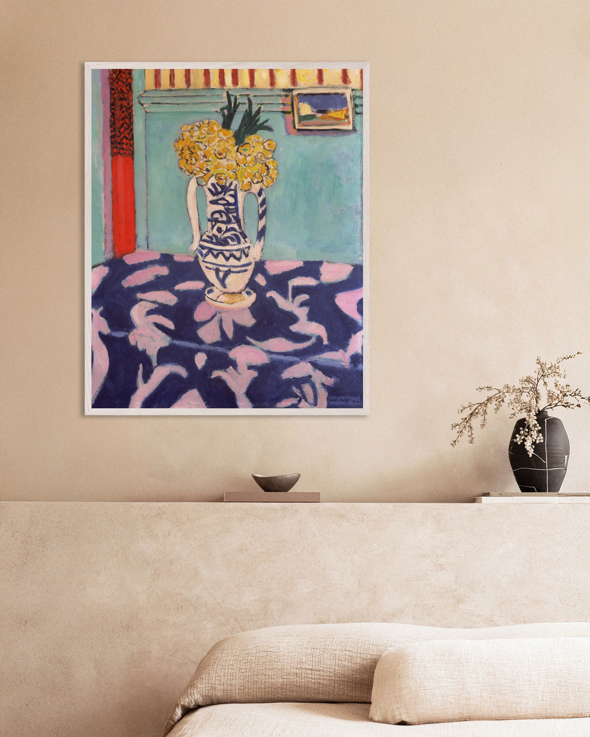 Poster of Les coucous, tapis bleu et rose (1911) by Henri Matisse - Poster, with white wooden frame