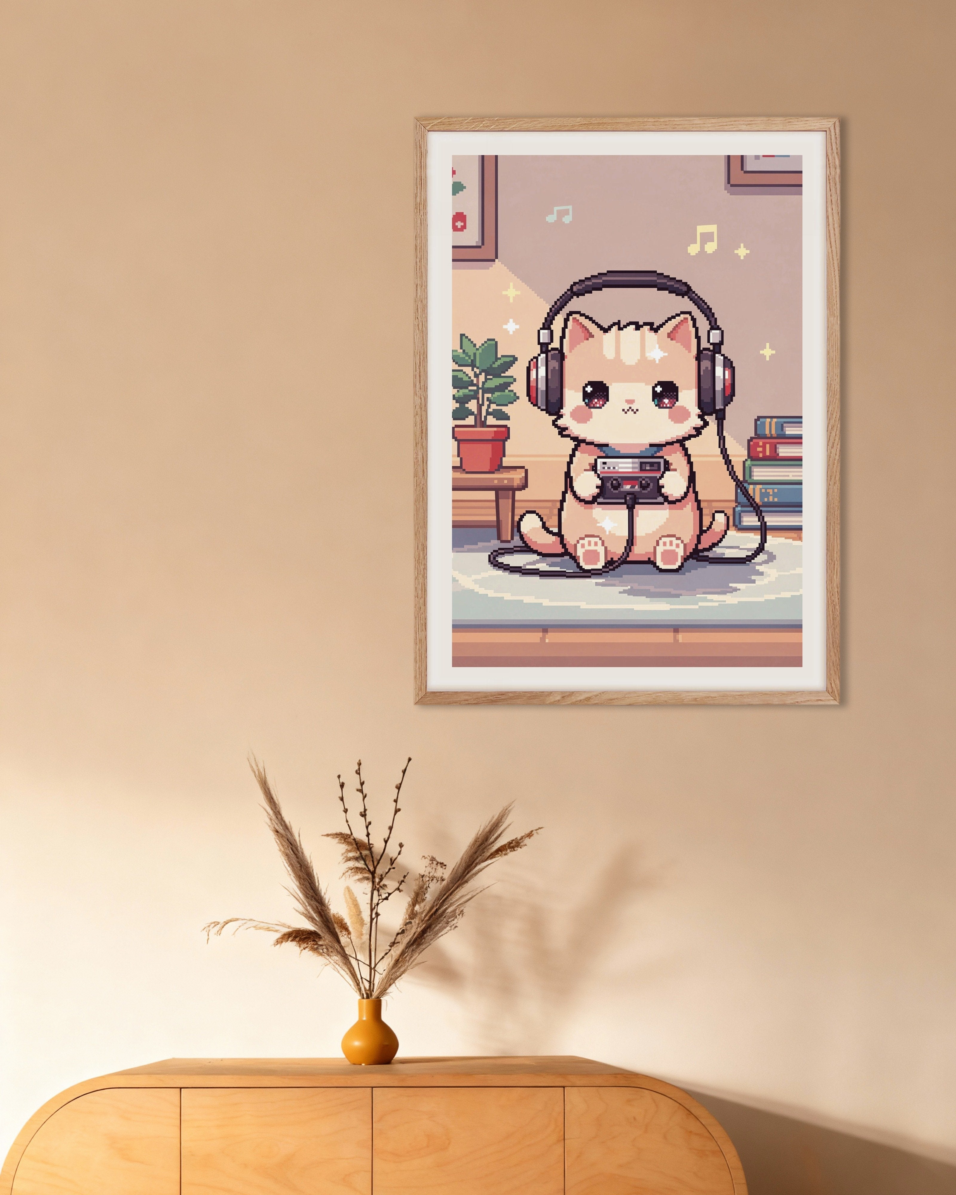 Poster of Lo-Fi Cat with Headphones Pixel Art Poster, with natural wooden frame