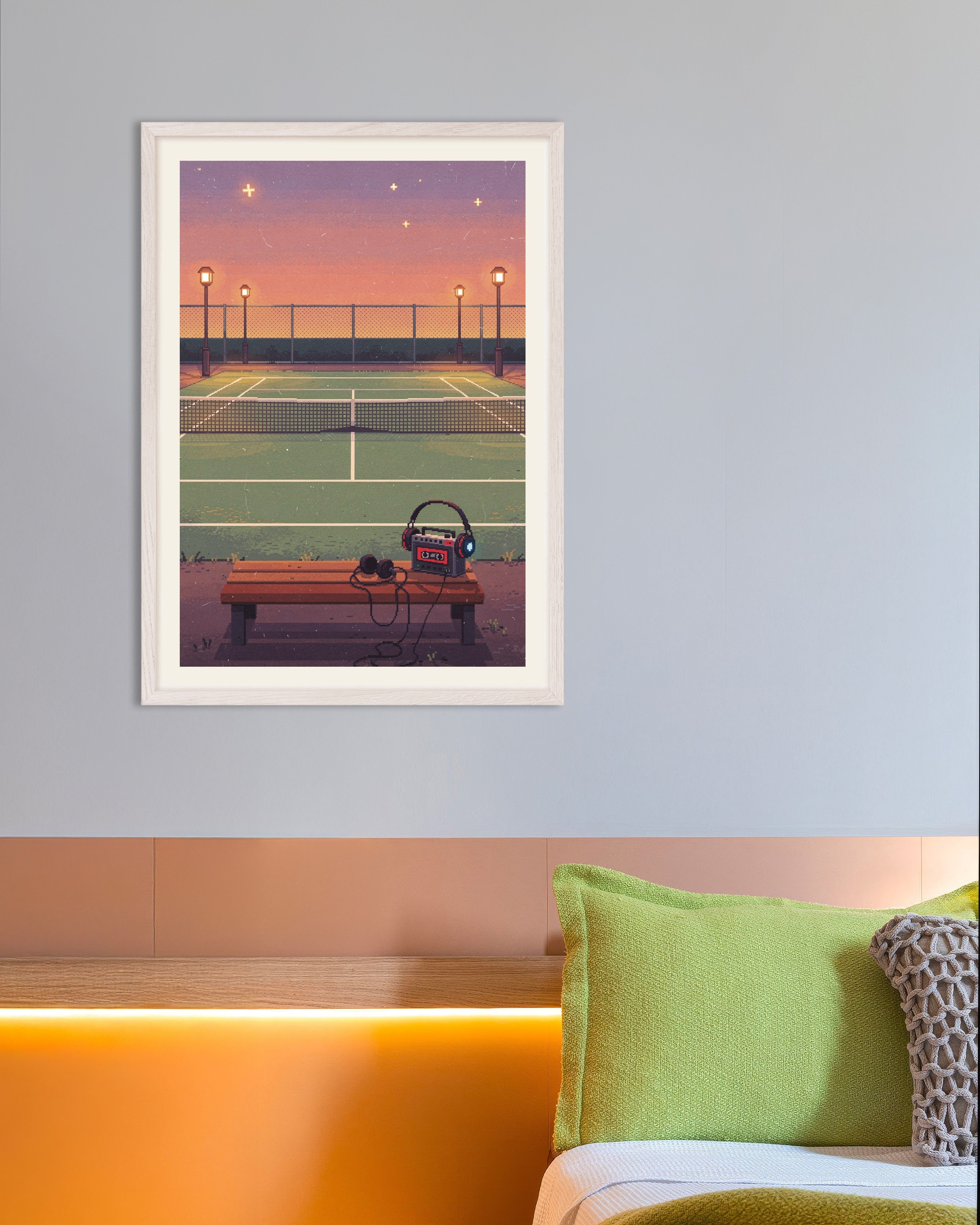 Poster of Lo-Fi Tennis Court at Dusk Pixel Art Poster, with white wooden frame