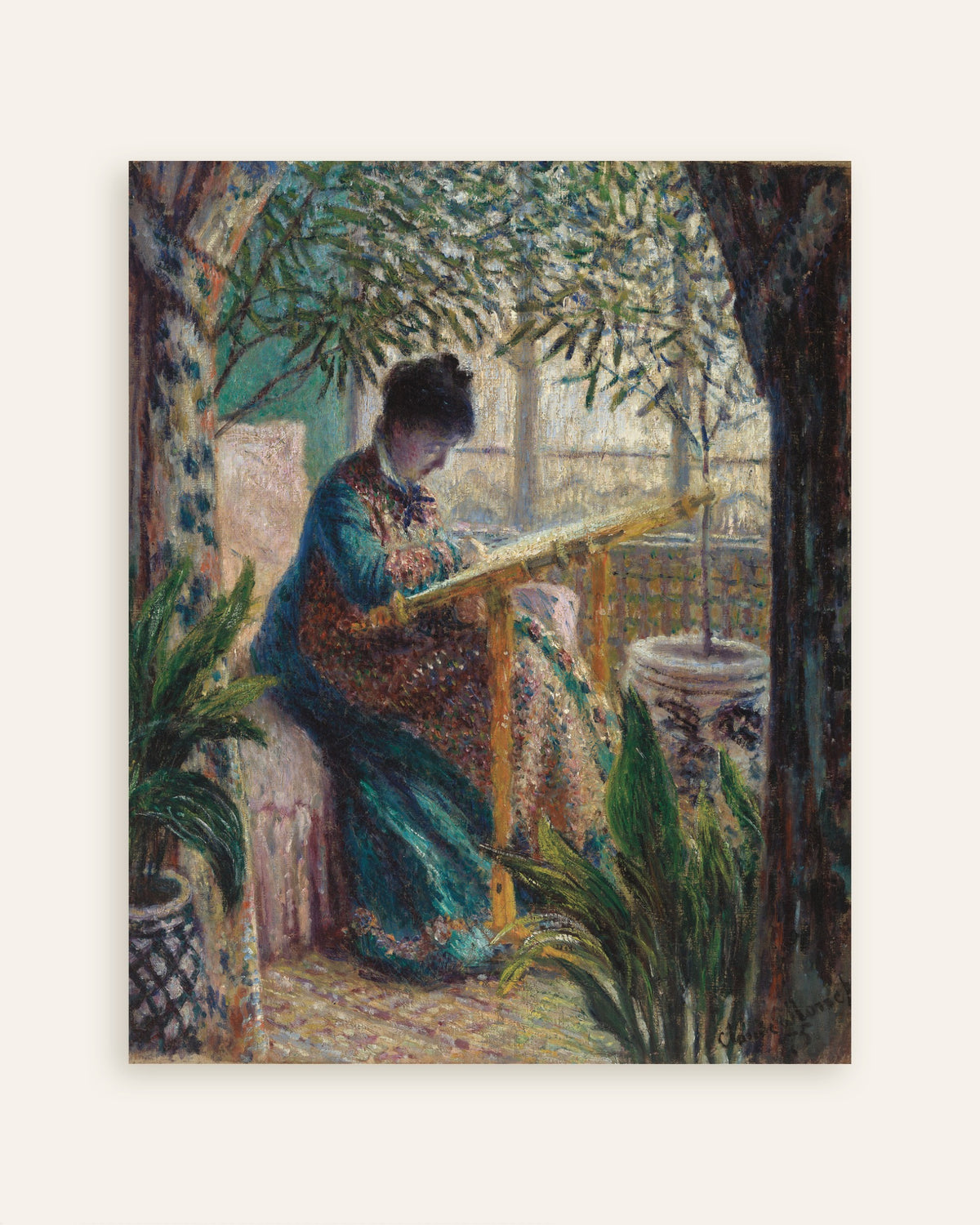 Poster of Madame Monet Embroidering (1875) by Claude Monet, thumbnail