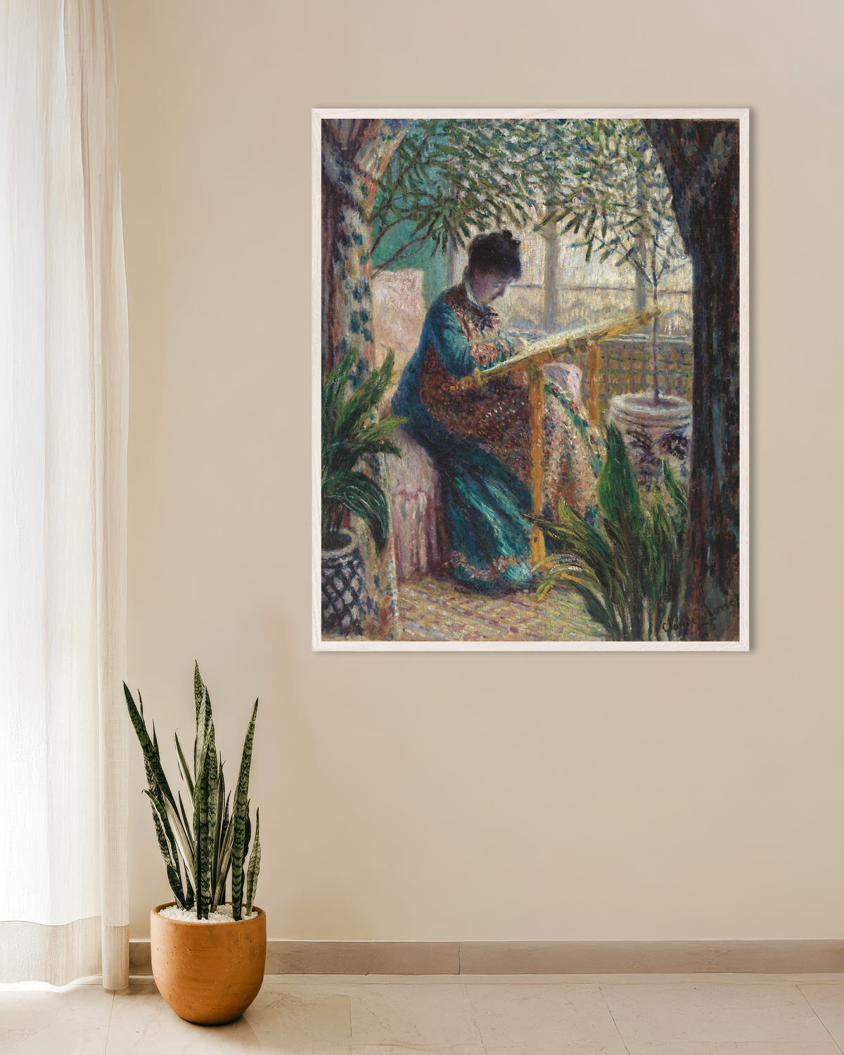 Poster of Madame Monet Embroidering (1875) by Claude Monet, with white wooden frame