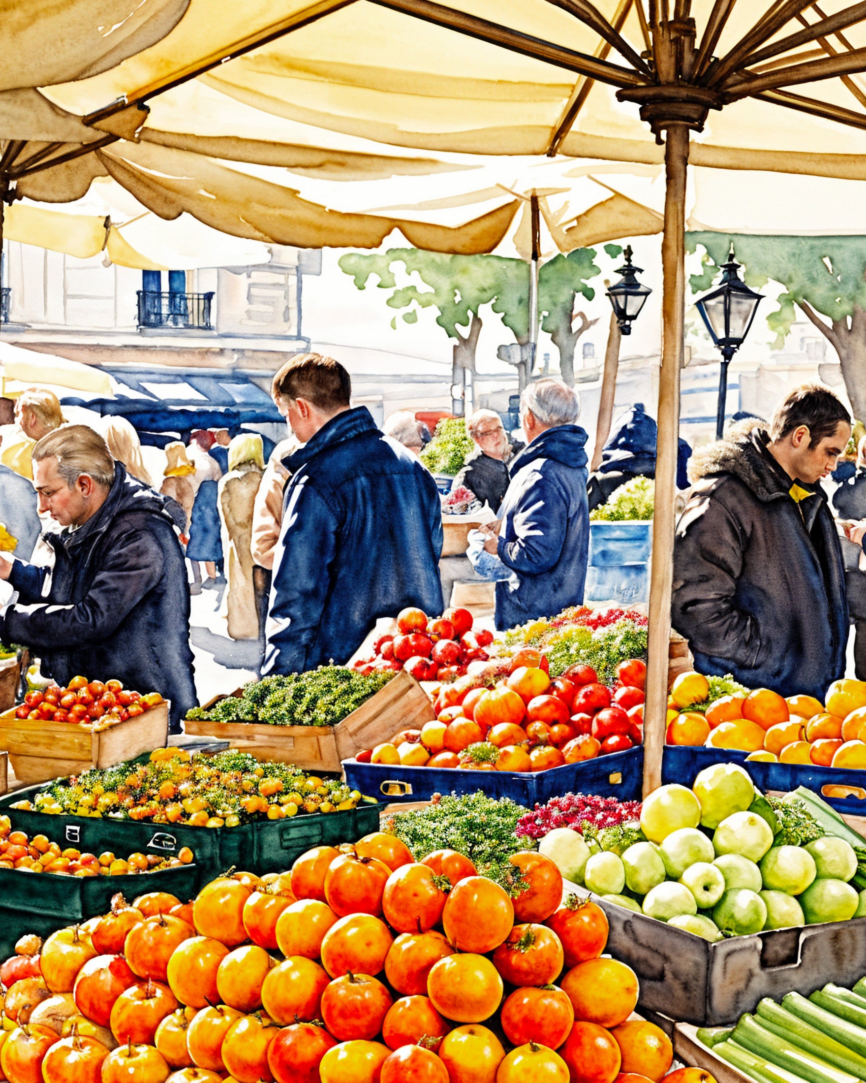 Parisian market scene, watercolor style - Print