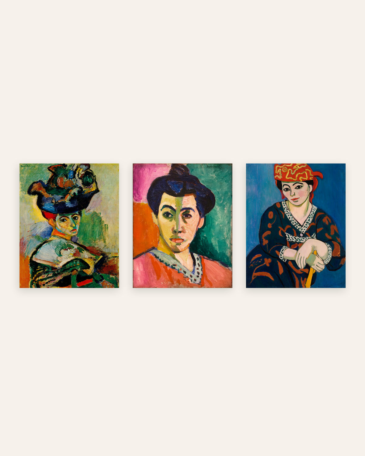 Matisse Fauvist Portraits Set of 3 – Woman with a Hat, Madame Matisse & Red Madras Headdress, prints without frame