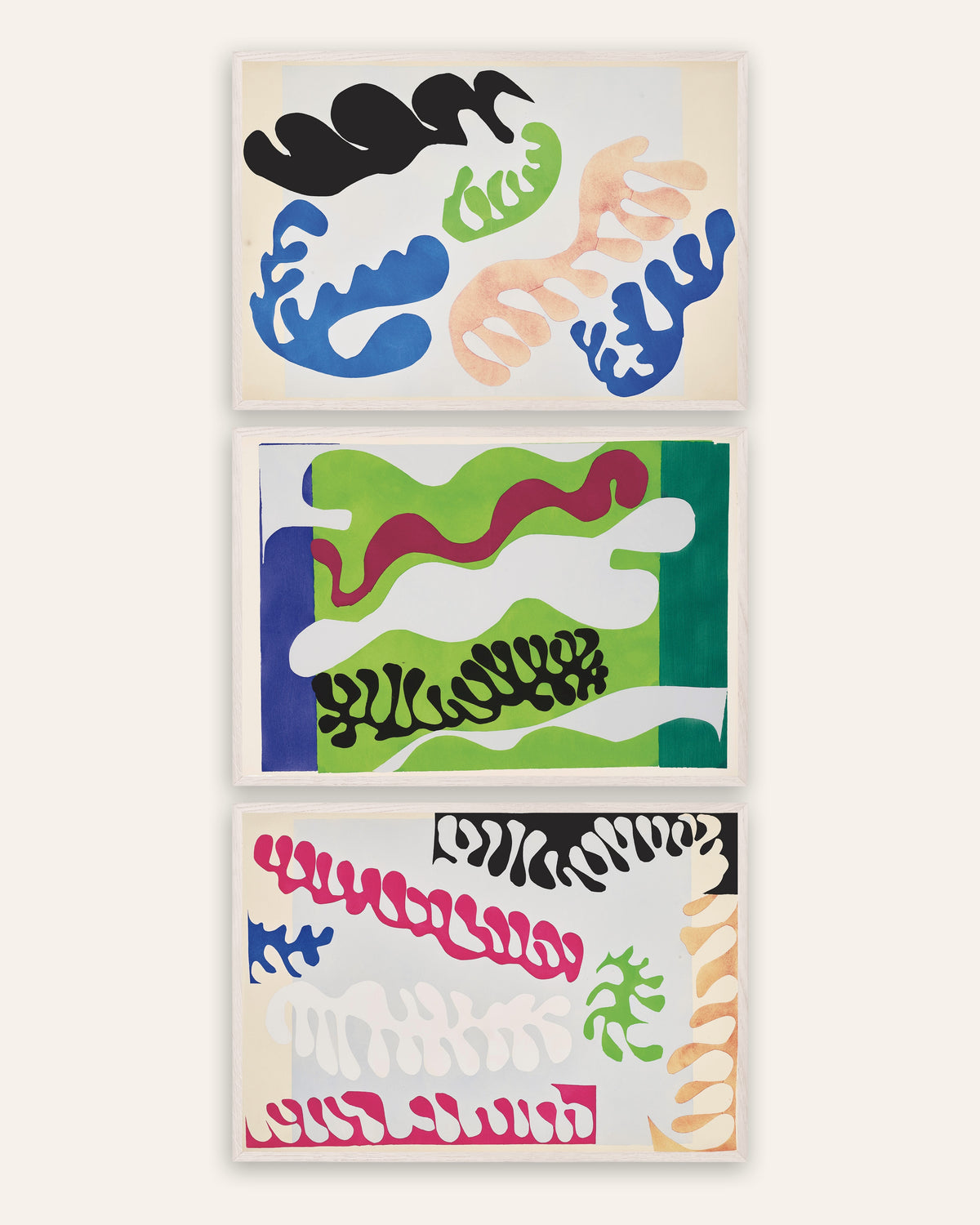Matisse Jazz Prints Set of 3 – The Lagoon in Blue, Green and Pink, prints in white oak frames