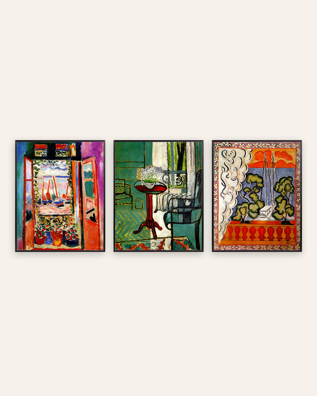 Matisse Window Prints Set of 3 – Collioure, Forget-Me-Nots & Tahiti, prints in black metal frames