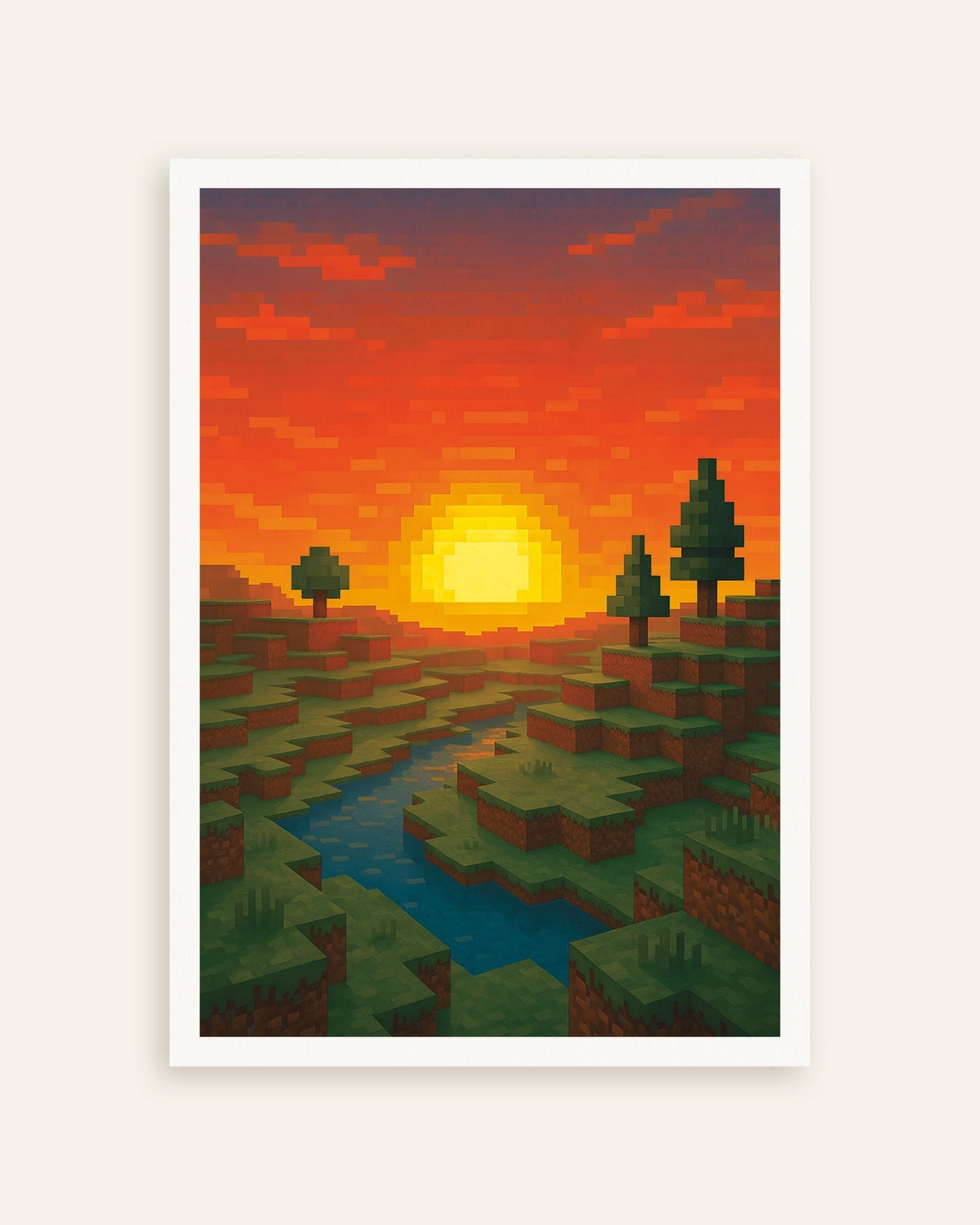 Poster of Sunset – pixel blocks art fan poster with river and trees, thumbnail