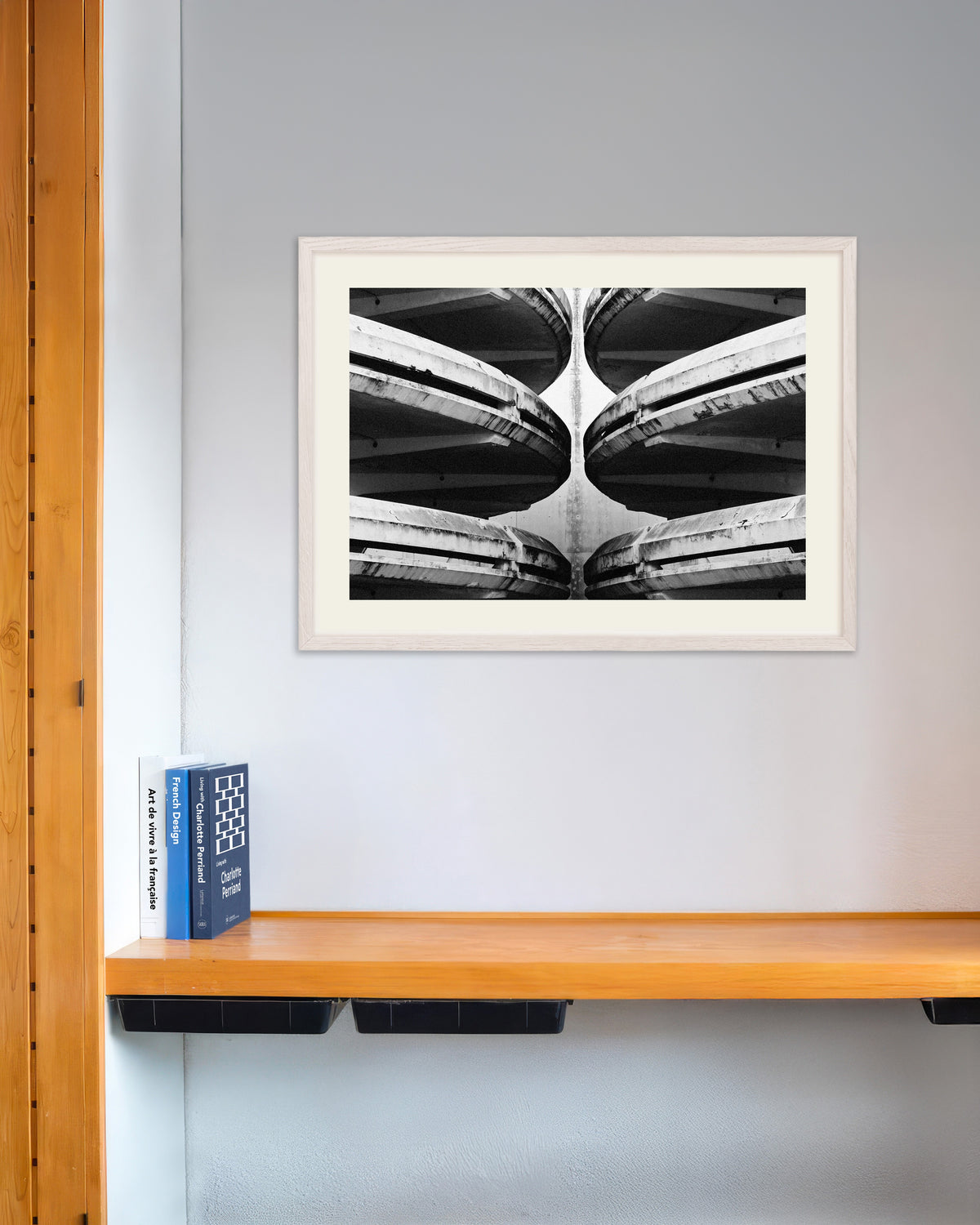 Poster of Mirrored Car Park Ramps, with white wooden frame