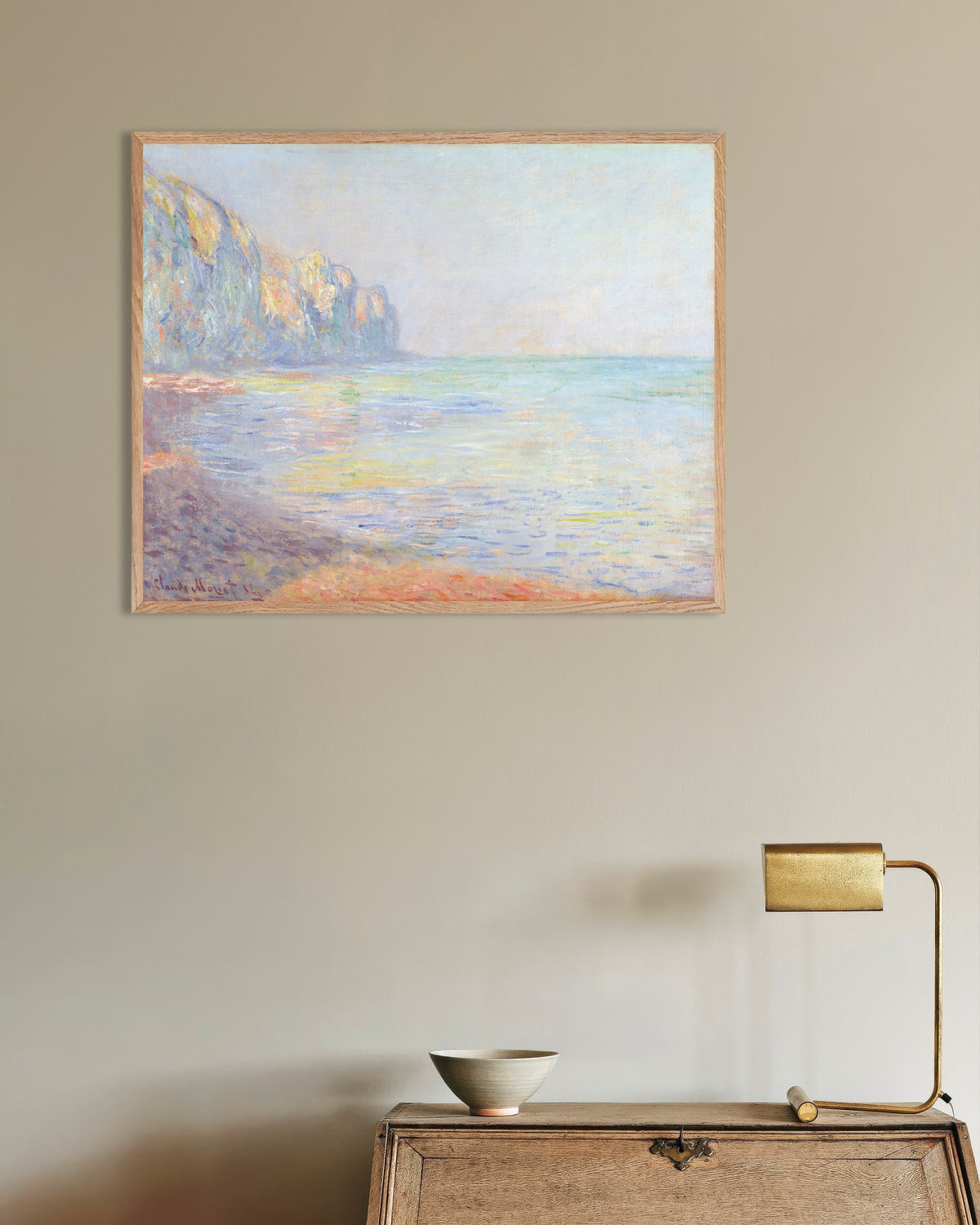 Poster of Misty Morning at Pourville (1882) by Claude Monet, with natural wooden frame