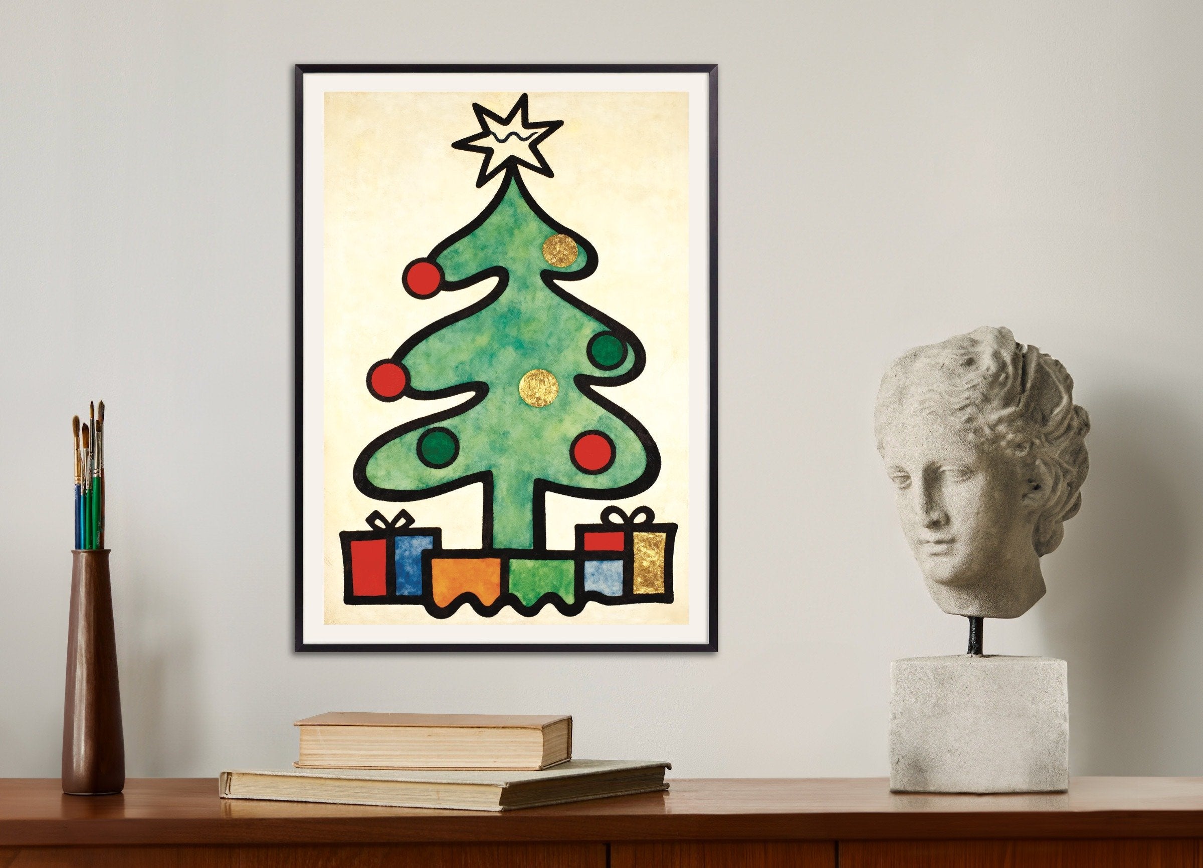 Poster of Modern Christmas tree art print, with metal frame