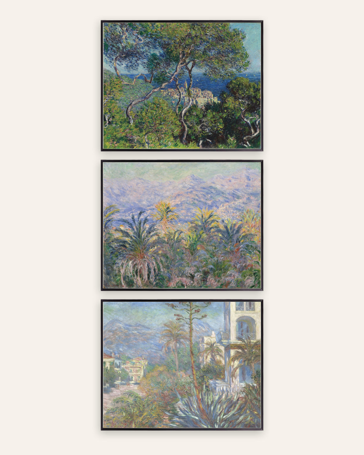 Monet Bordighera Prints Set of 3 – Riviera Pines, Palms & Villas, prints in black metal frames