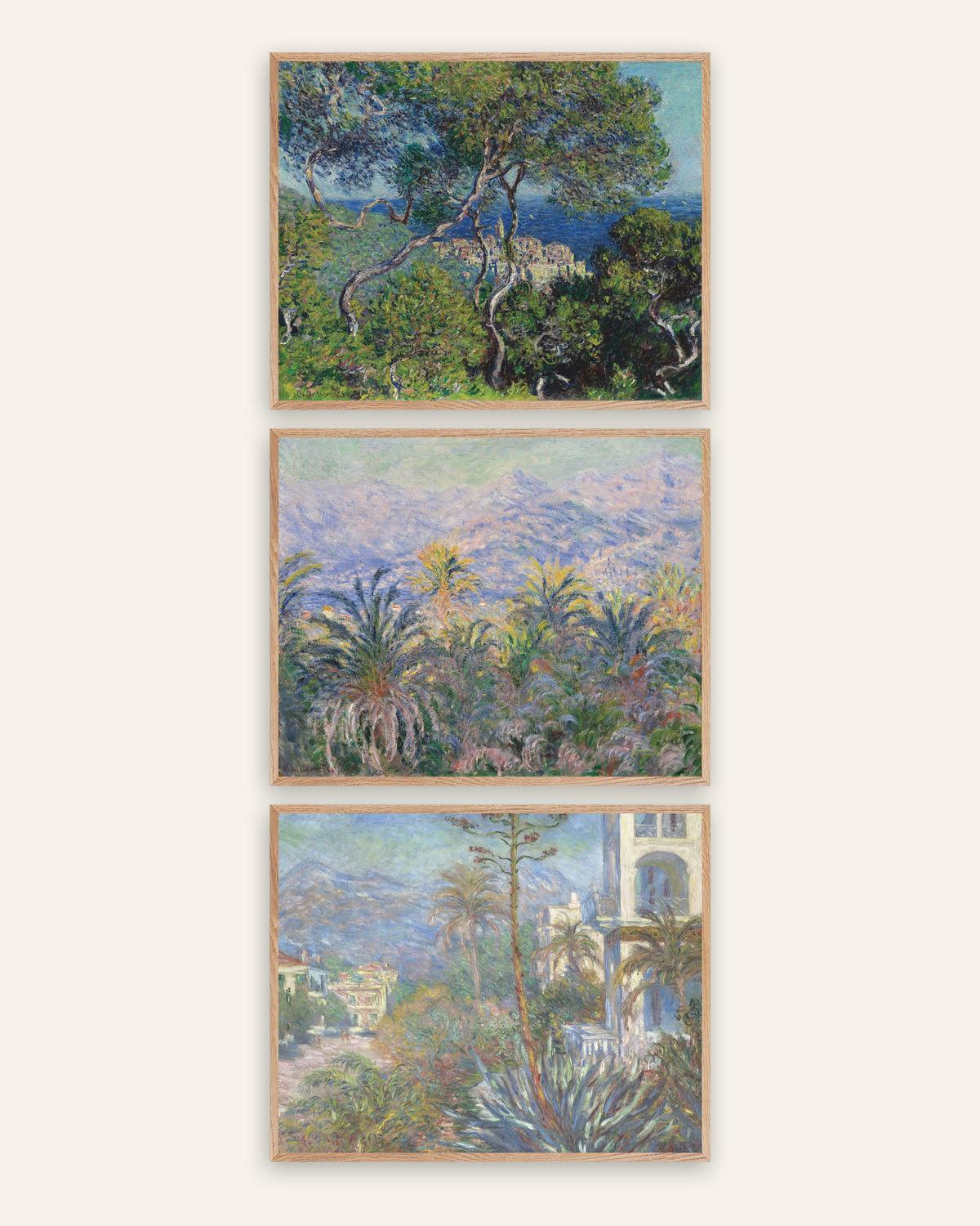 Monet Bordighera Prints Set of 3 – Riviera Pines, Palms & Villas, prints in natural oak frames