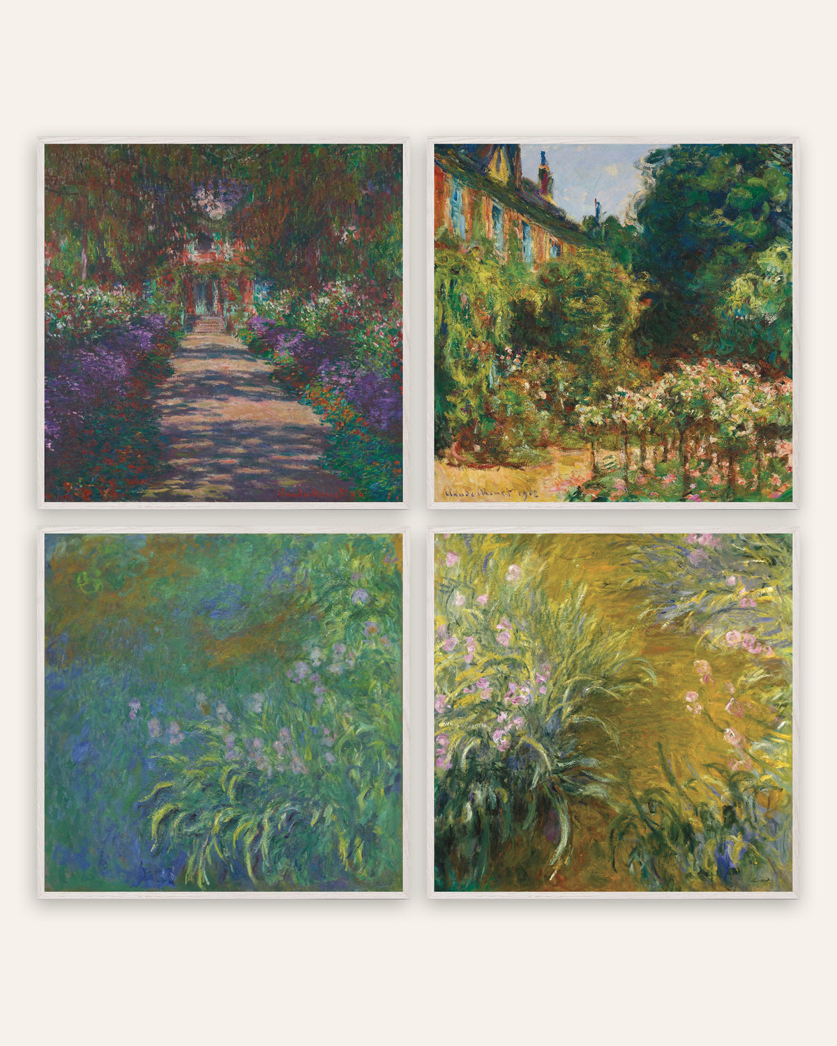 Monet Giverny Garden Prints Set of 4 – Avenue, House & Irises, prints in white oak frames