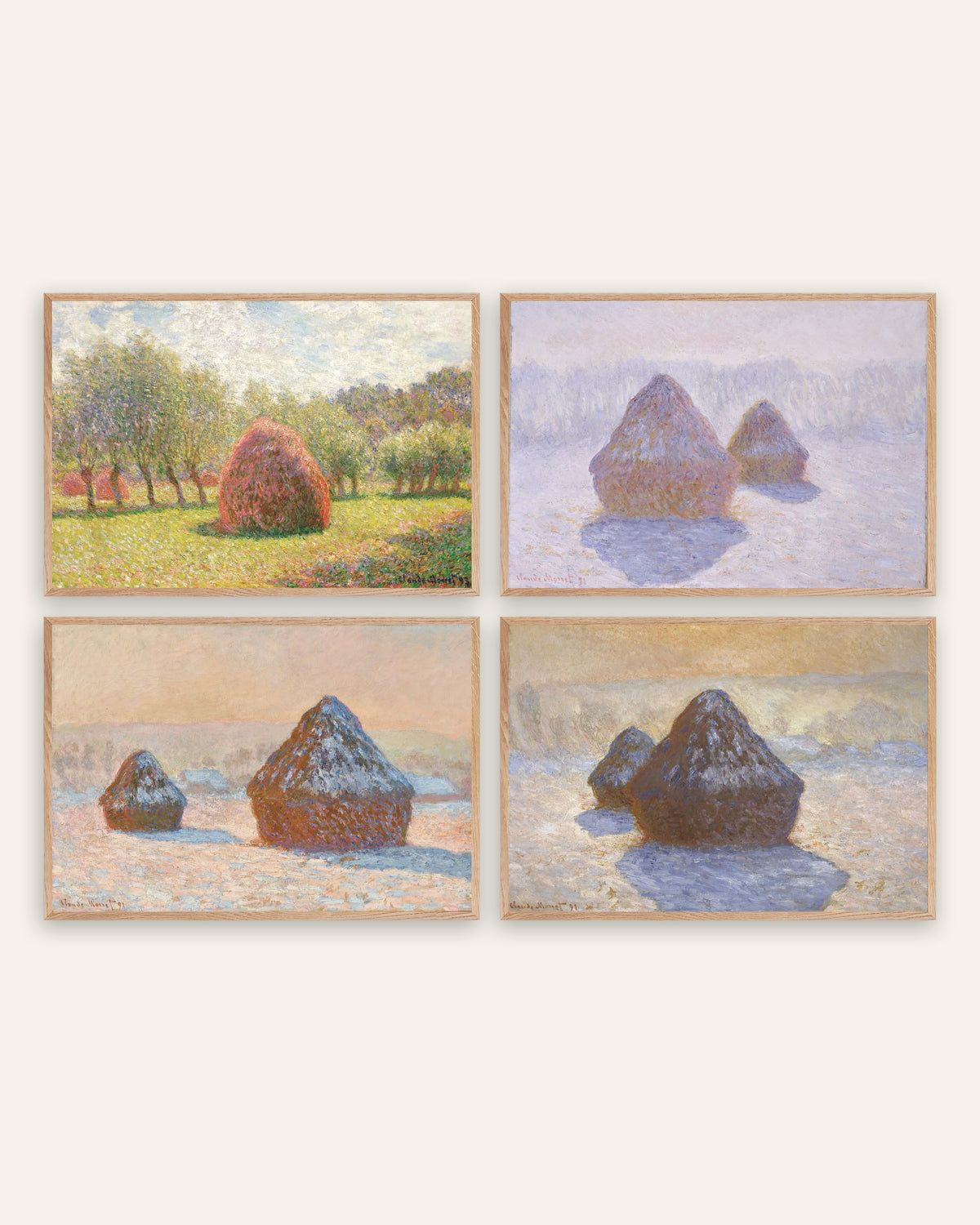 Monet Haystacks Prints Set of 4 – Summer to Snow, prints in natural oak frames