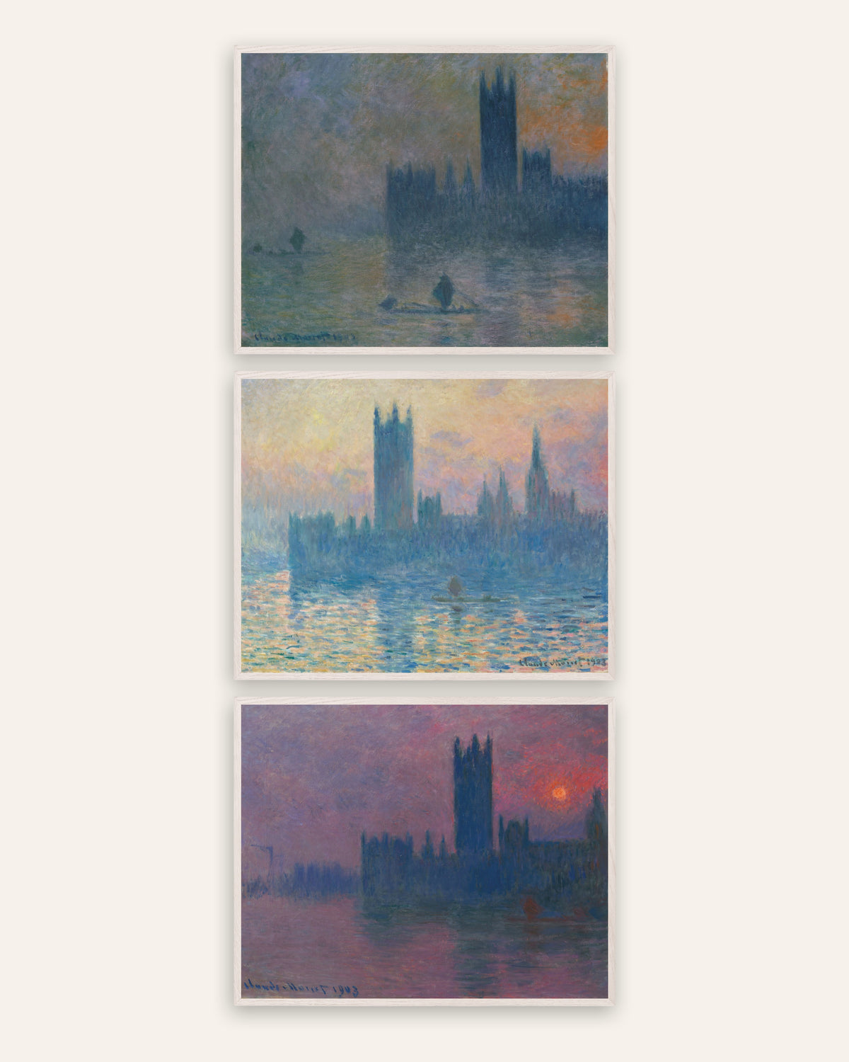 Monet Houses of Parliament Prints Set of 3 – Fog & Sunset, prints in white oak frames