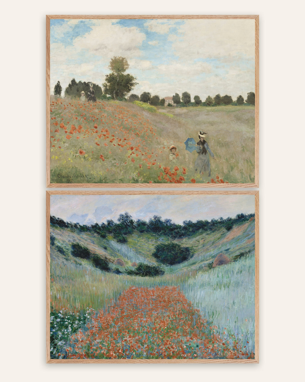 Monet Poppies Prints Set of 2 – Argenteuil & Giverny, prints in natural oak frames