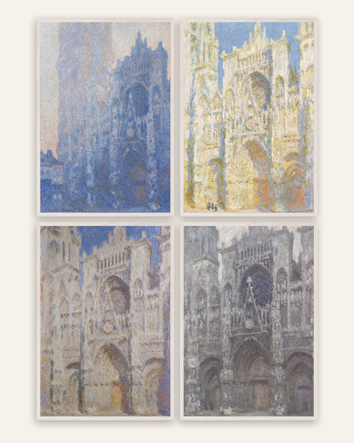 Monet Rouen Cathedral Prints Set of 4 – Morning to Gray Weather, prints in white oak frames