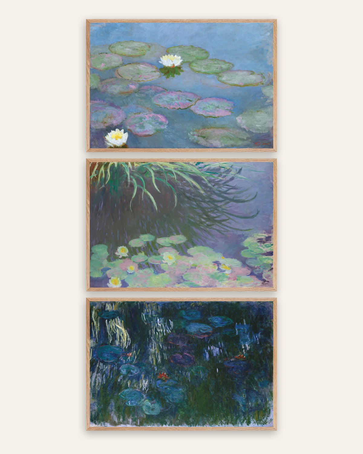 Monet Water Lilies Prints Set of 3 – Early & Late Panoramas, prints in natural oak frames