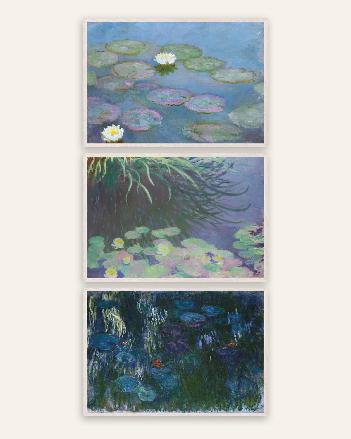 Monet Water Lilies Prints Set of 3 – Early & Late Panoramas, prints in white oak frames