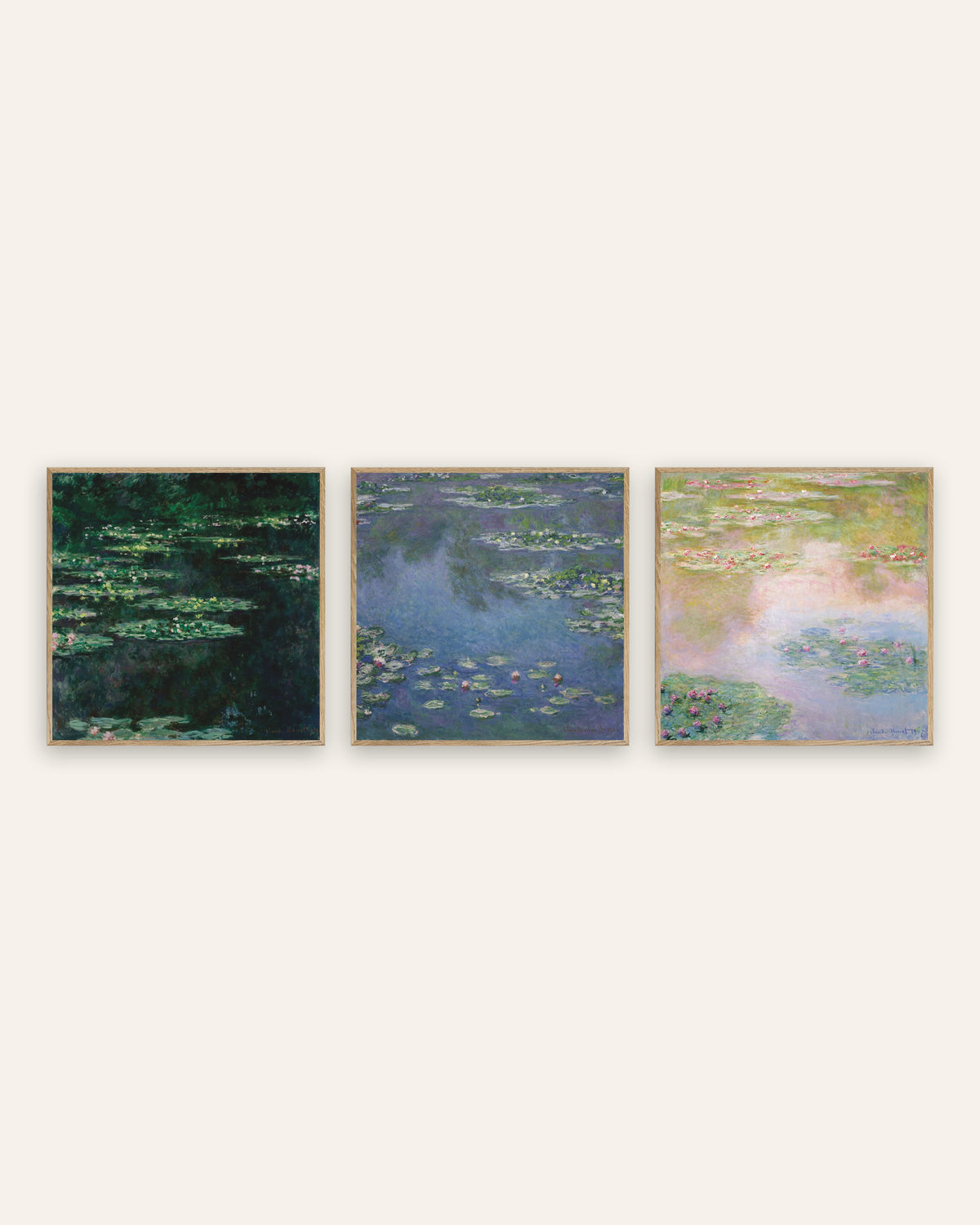 Monet Water Lilies Prints Set of 3 – Square Pond Views, prints in natural oak frames
