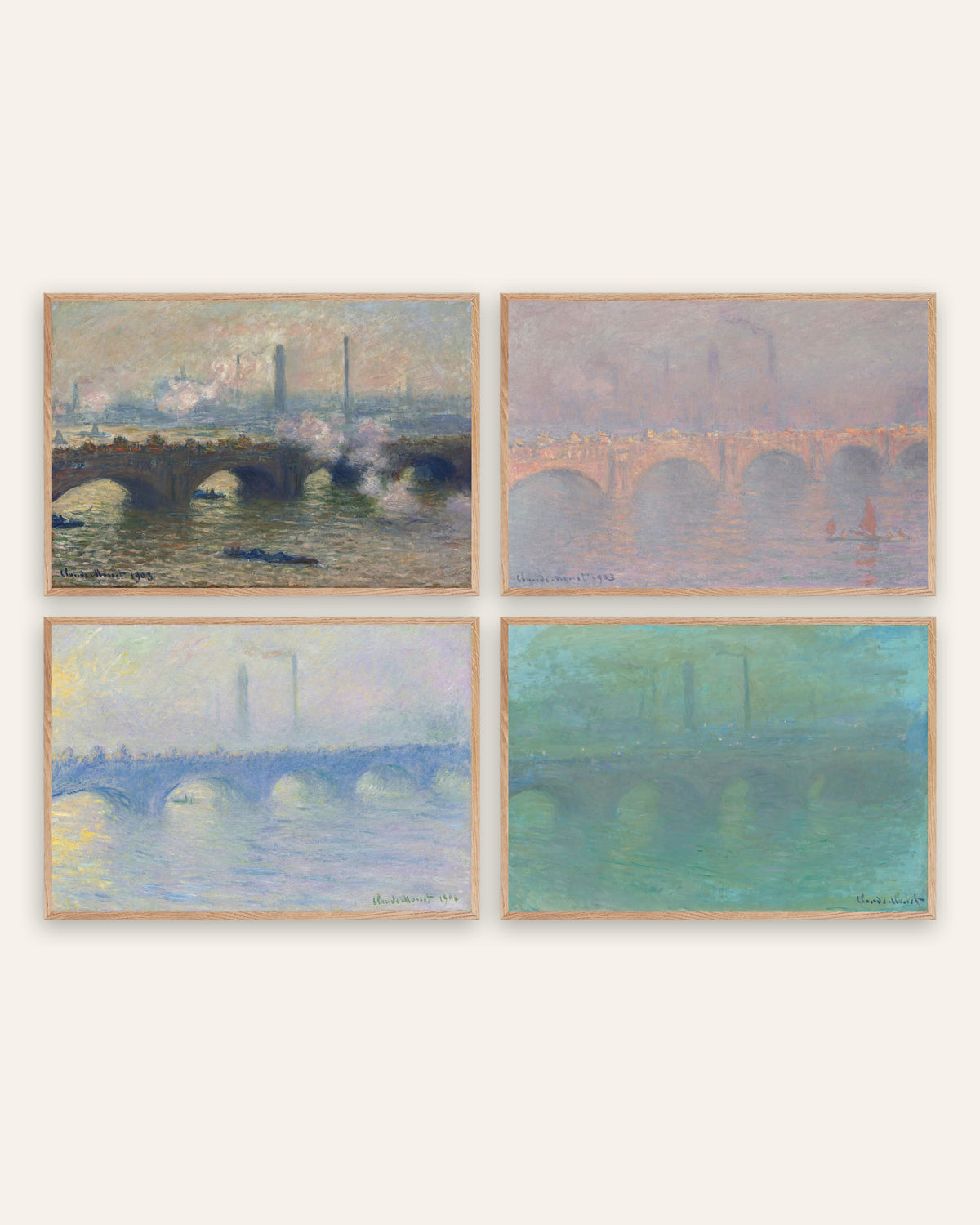 Monet Waterloo Bridge Prints Set of 4 – Gray Day, Hazy Sun, Mist & Dusk, prints in natural oak frames