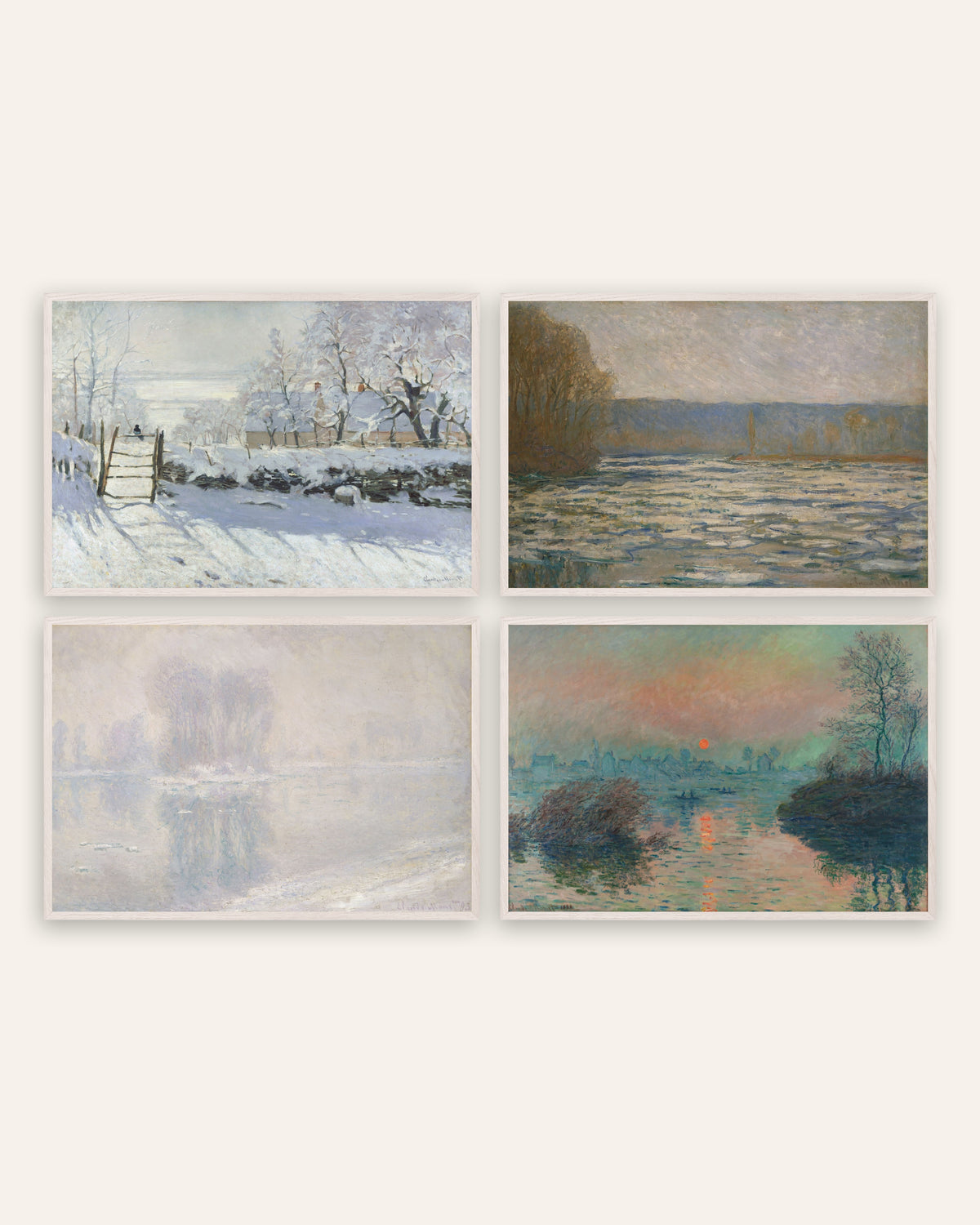 Monet Winter Prints Set of 4 – The Magpie, Ice & Winter Sunset, prints in white oak frames