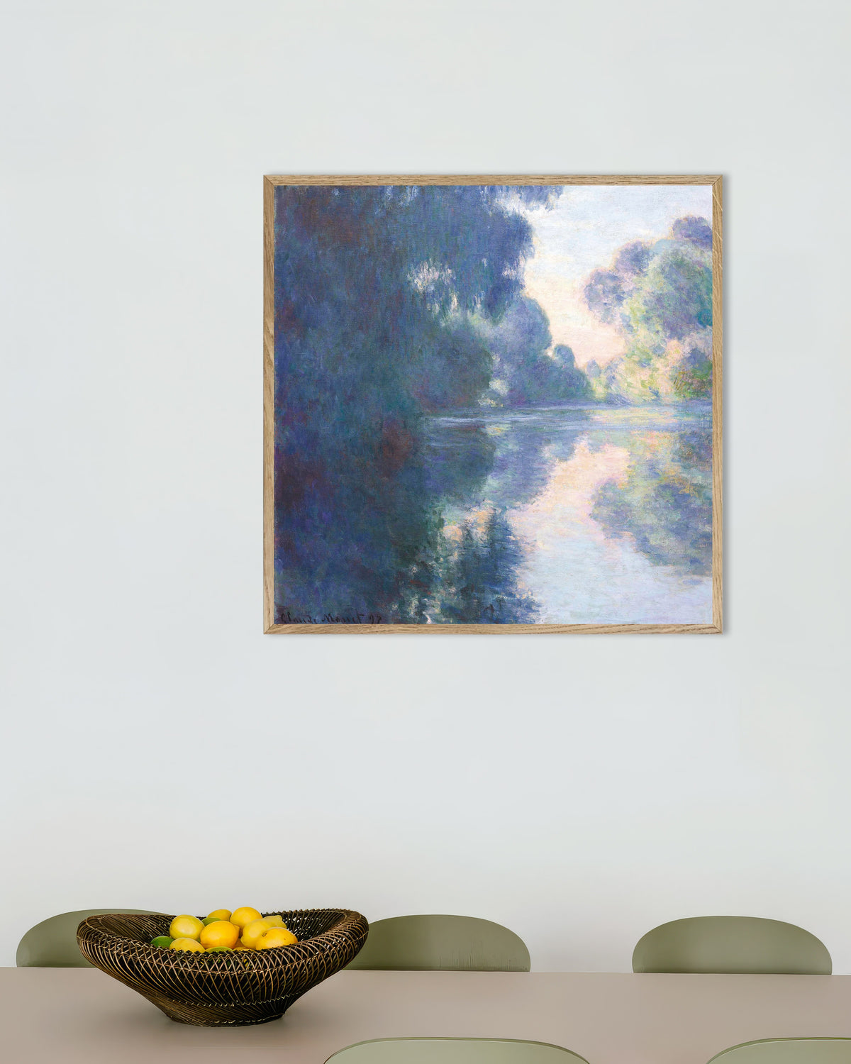 Poster of Morning on the Seine (1897) by Claude Monet, with natural wooden frame