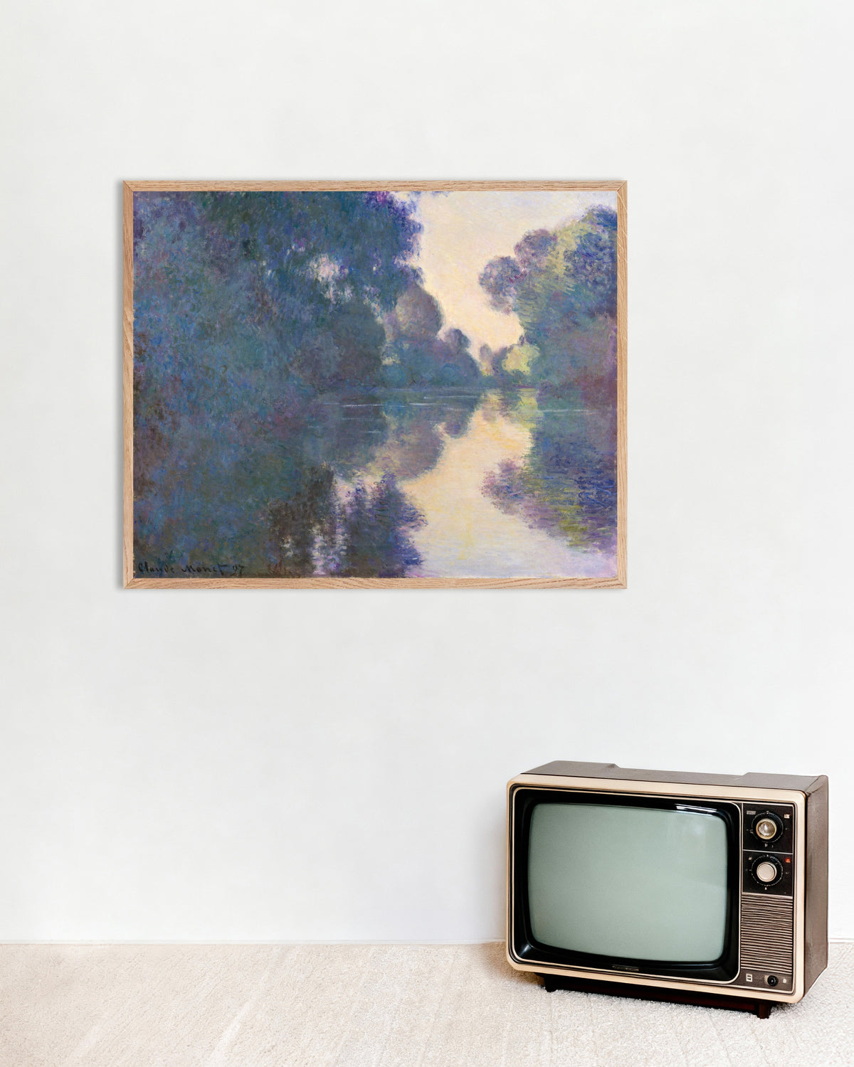 Poster of Morning on the Seine near Giverny (1897) by Claude Monet, with natural wooden frame