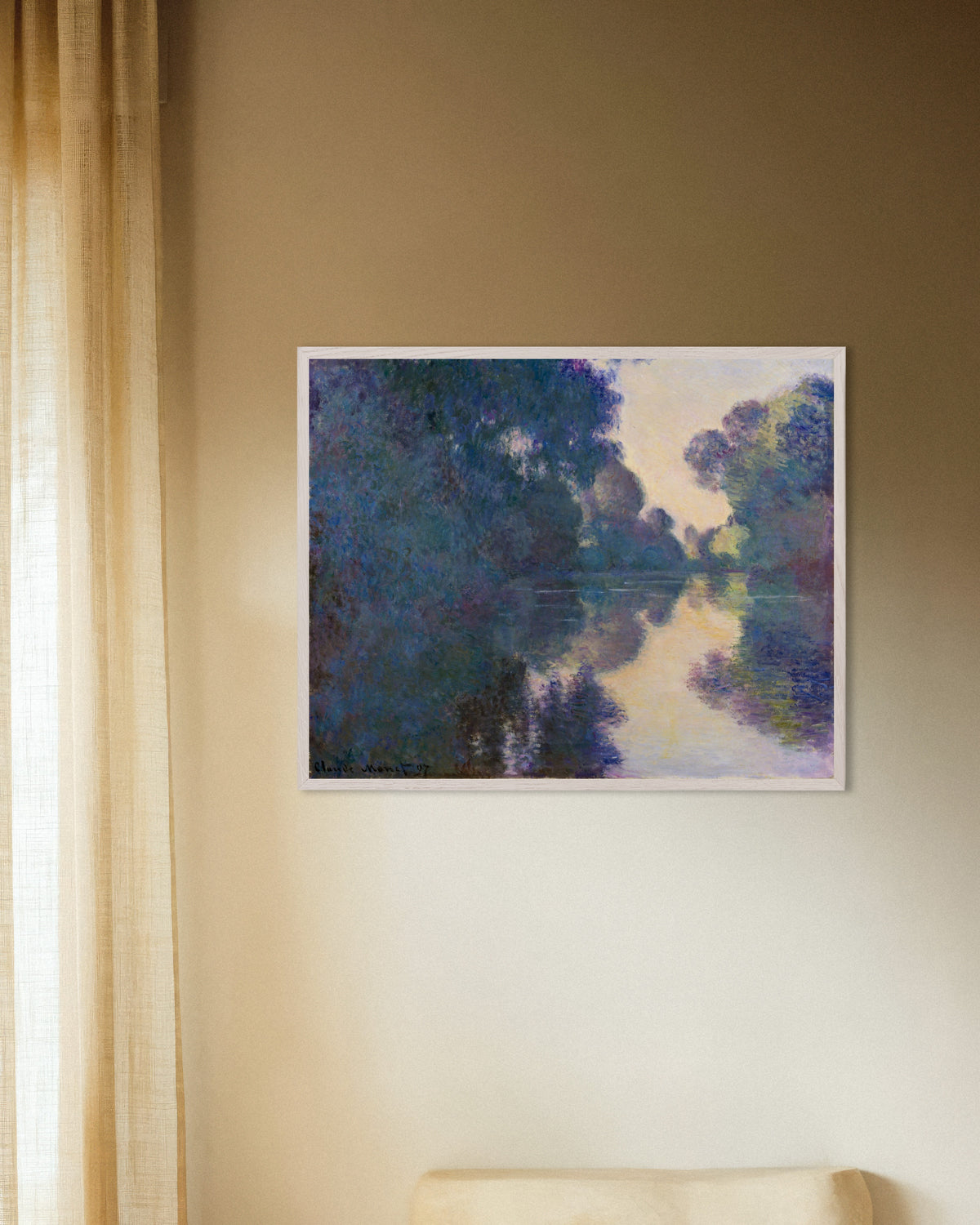 Poster of Morning on the Seine near Giverny (1897) by Claude Monet, with white wooden frame