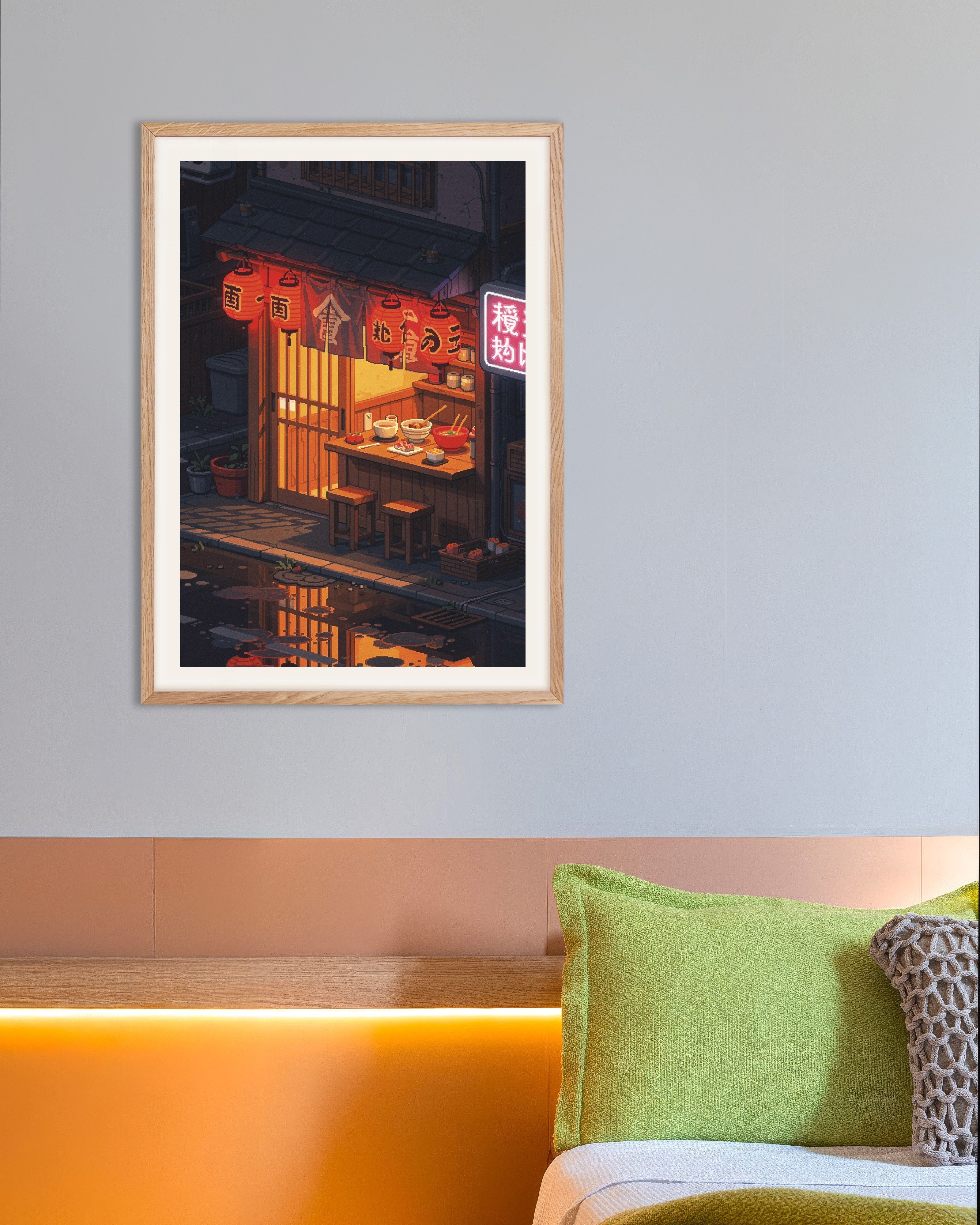 Poster of Neon Ramen Alley Pixel Art Poster, with natural wooden frame