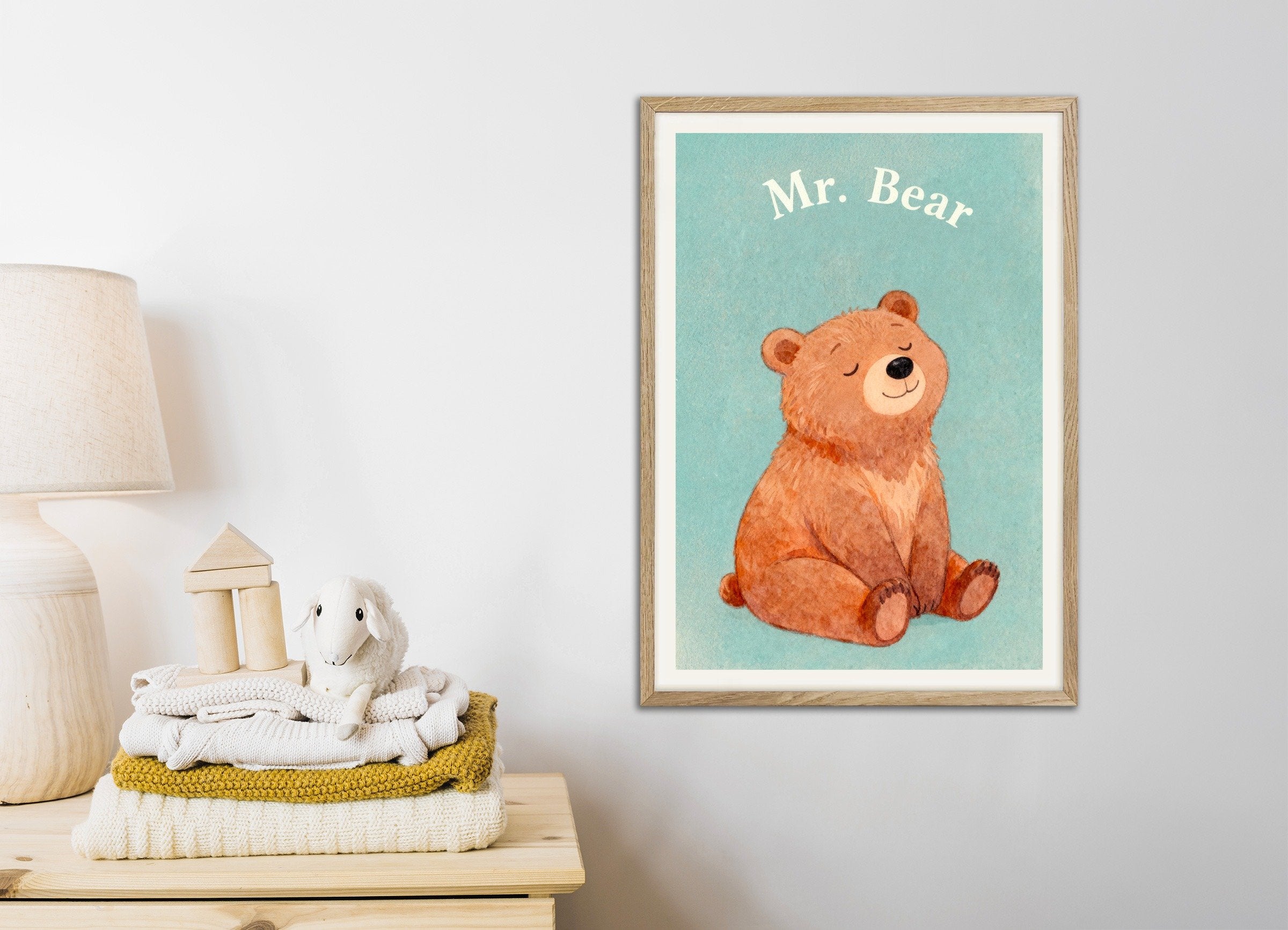 Poster of Nursery bear wall art – Cozy woodland animal, with natural wooden frame