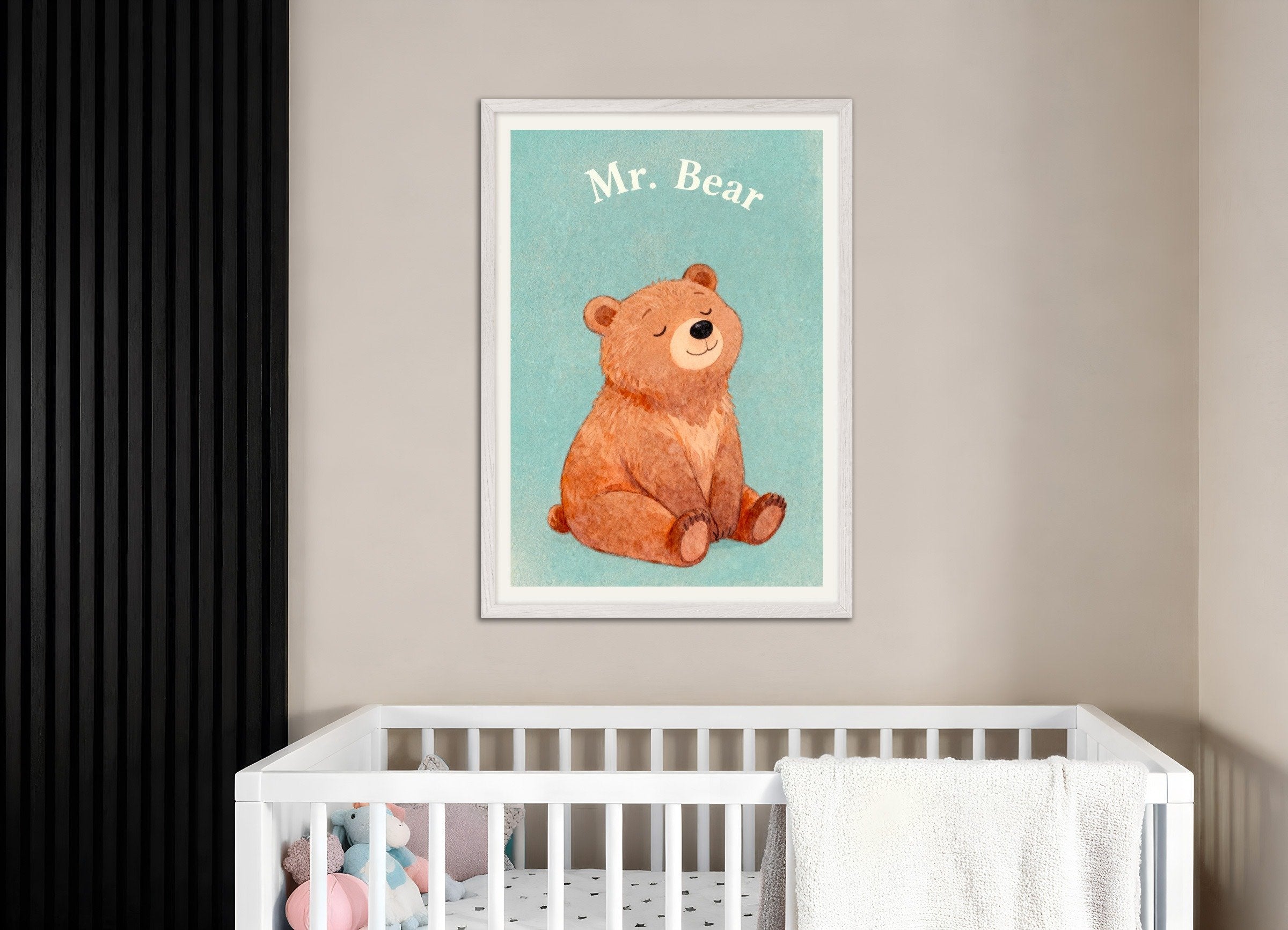 Poster of Nursery bear wall art – Cozy woodland animal, with white wooden frame
