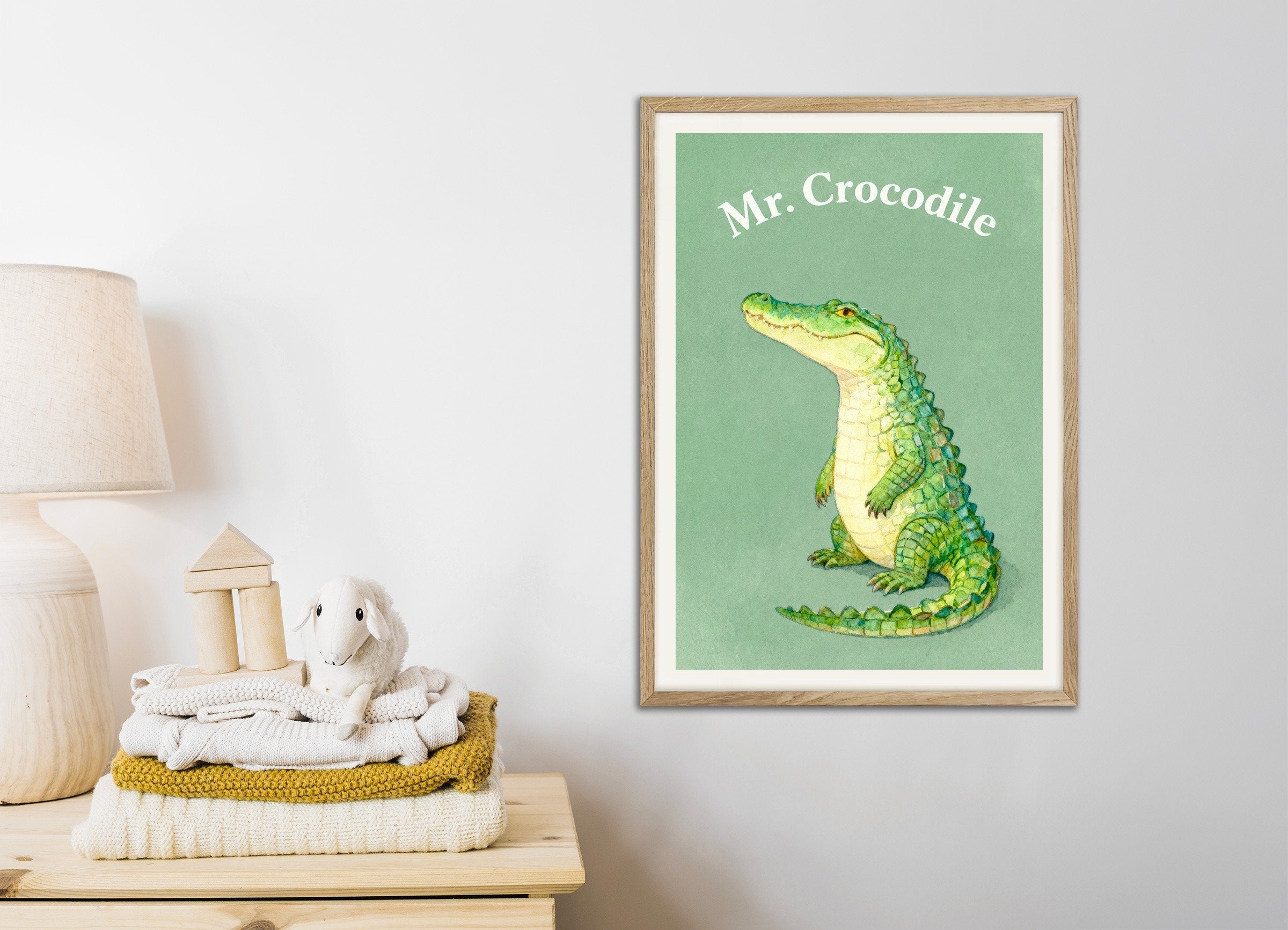 Poster of Nursery crocodile wall art – Fun jungle animal, with natural wooden frame