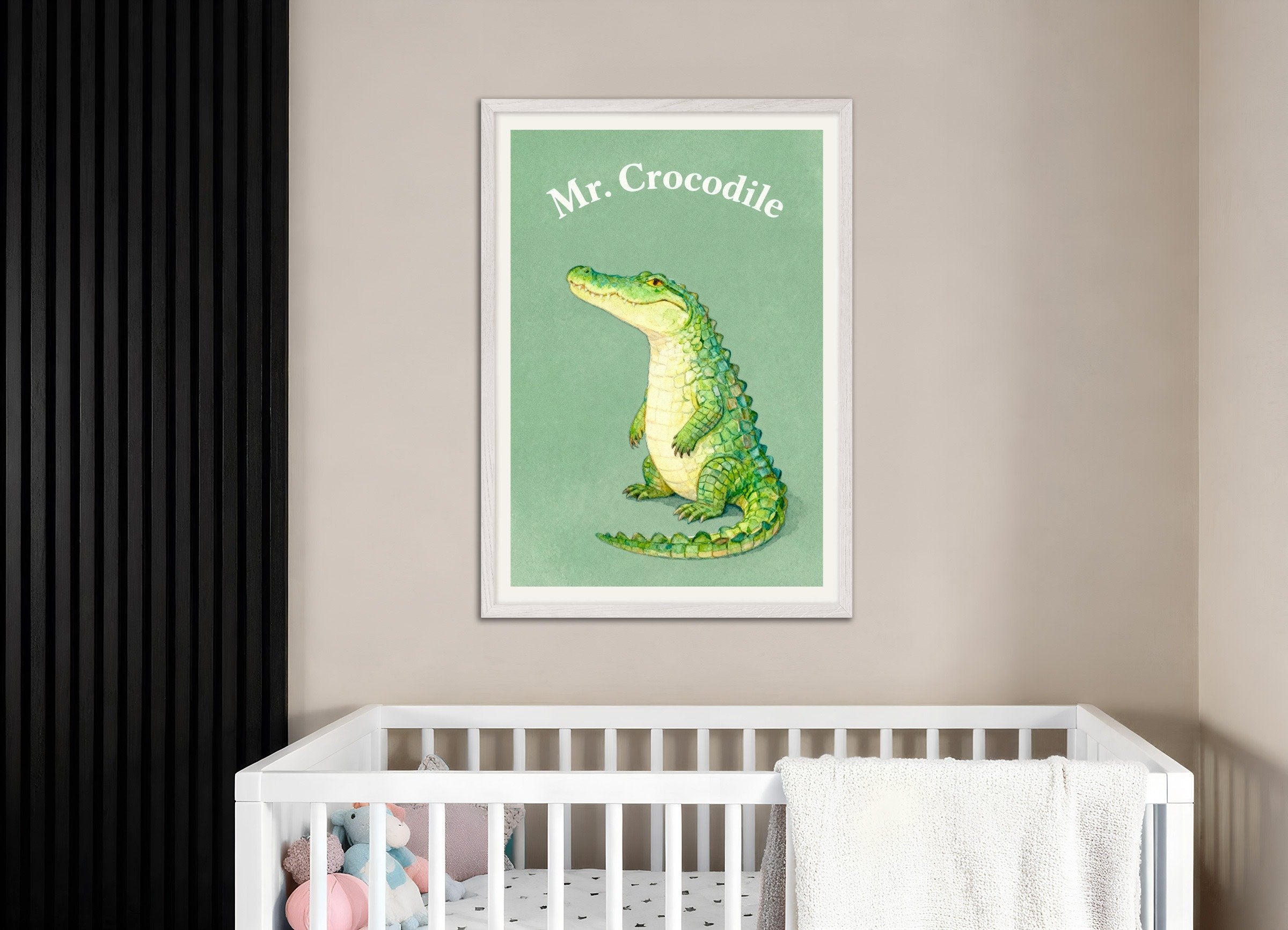 Poster of Nursery crocodile wall art – Fun jungle animal, with white wooden frame