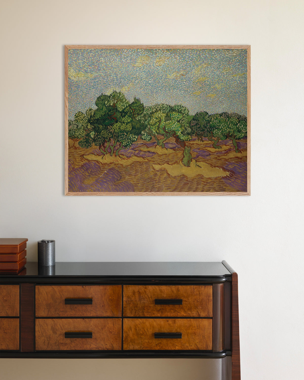 Poster of Olive Trees under a Pale Sky (1889) by Vincent van Gogh, with natural wooden frame