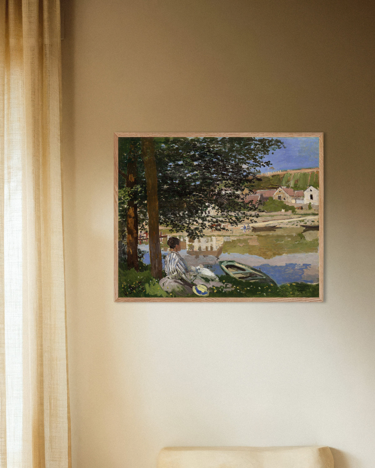 Poster of On the Bank of the Seine, Bennecourt (1868) by Claude Monet, with natural wooden frame
