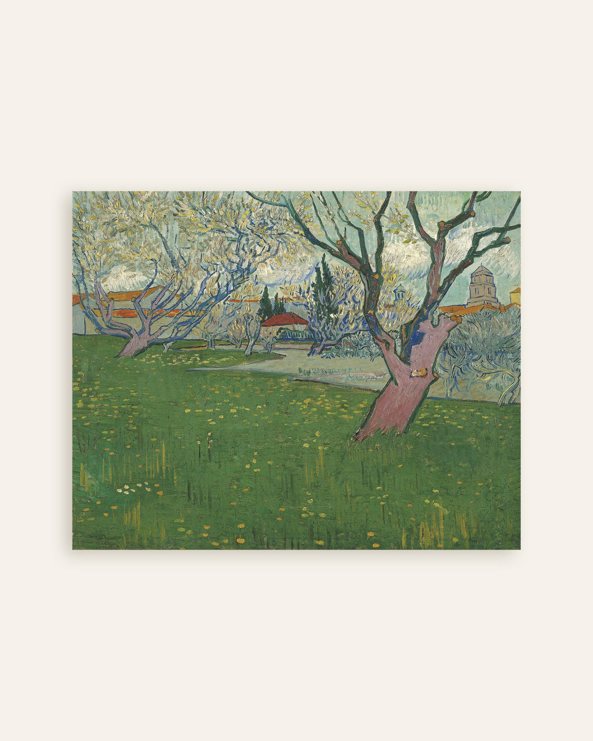 Poster of Orchard in Blossom with a View of Arles (1889) by Vincent van Gogh, thumbnail