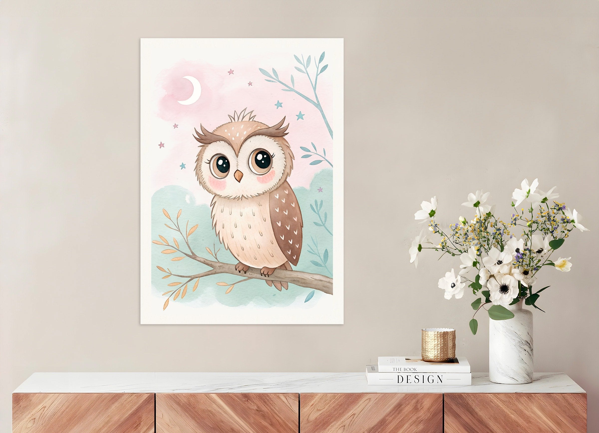 Owl Poster - Nursery Wall Art with Moon and Stars