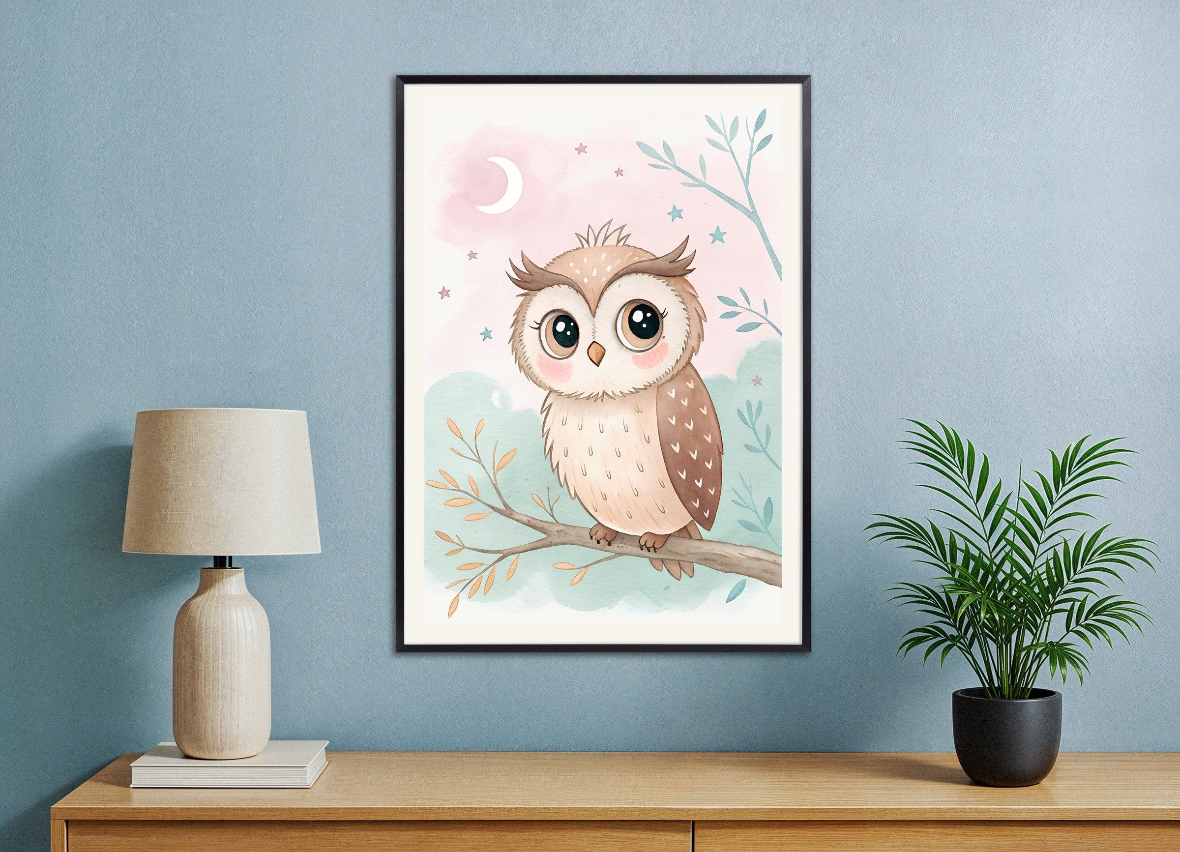 Owl Poster - Nursery Wall Art with Moon and Stars, with metal frame