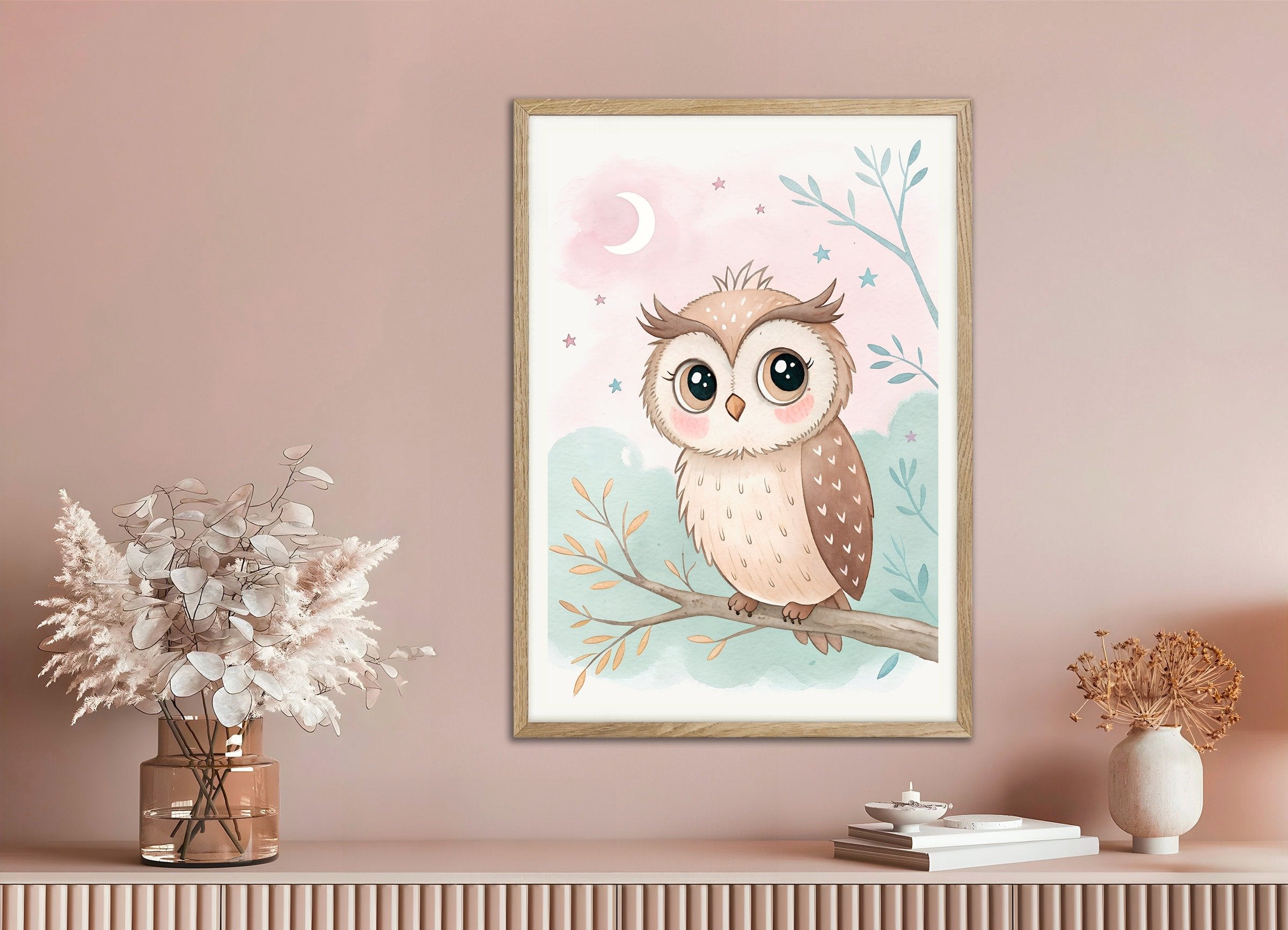 Owl Poster - Nursery Wall Art with Moon and Stars, with natural wooden frame