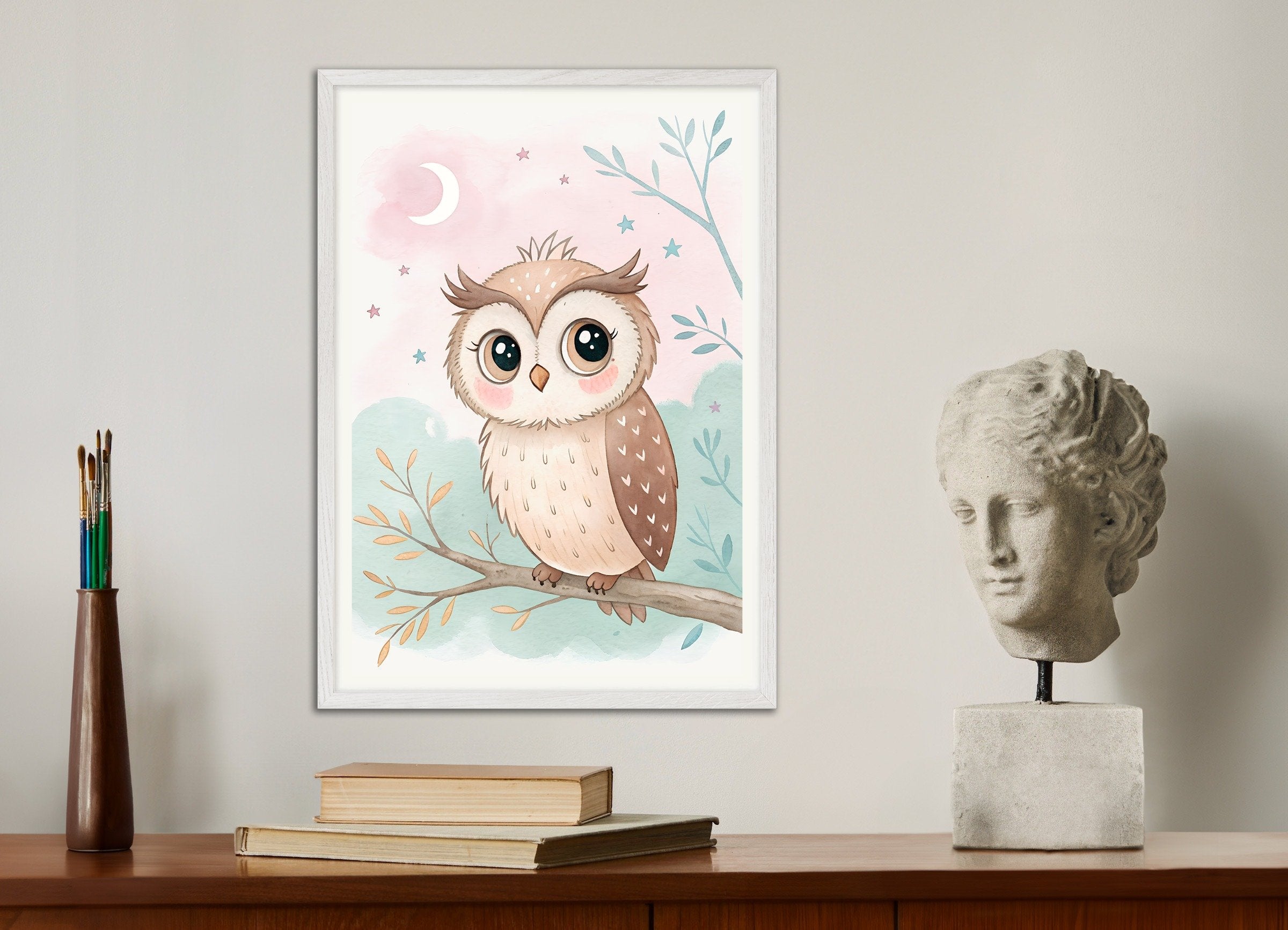 Owl Poster - Nursery Wall Art with Moon and Stars, with white wooden frame