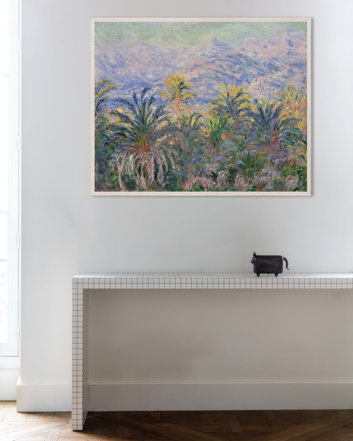 Poster of Palm Trees at Bordighera (1884) by Claude Monet, with white wooden frame