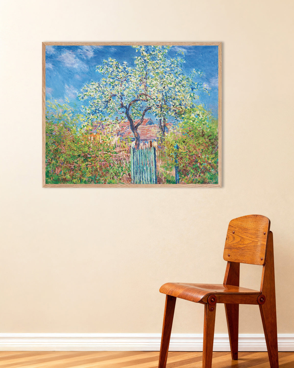 Poster of Pear Tree in Blossom (1885) by Claude Monet, with natural wooden frame