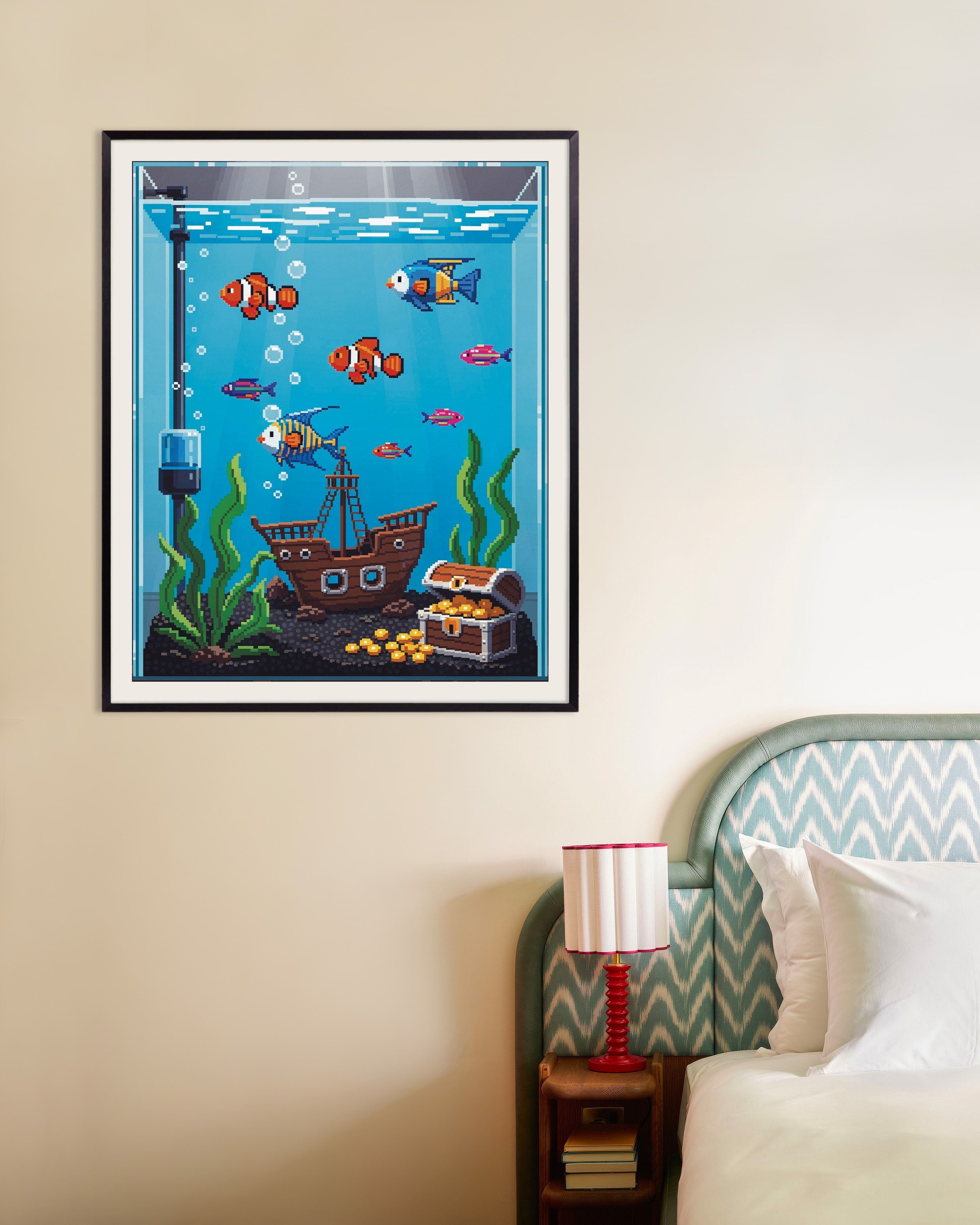 Poster of Pixel Aquarium Poster with Clownfish & Treasure, with metal frame