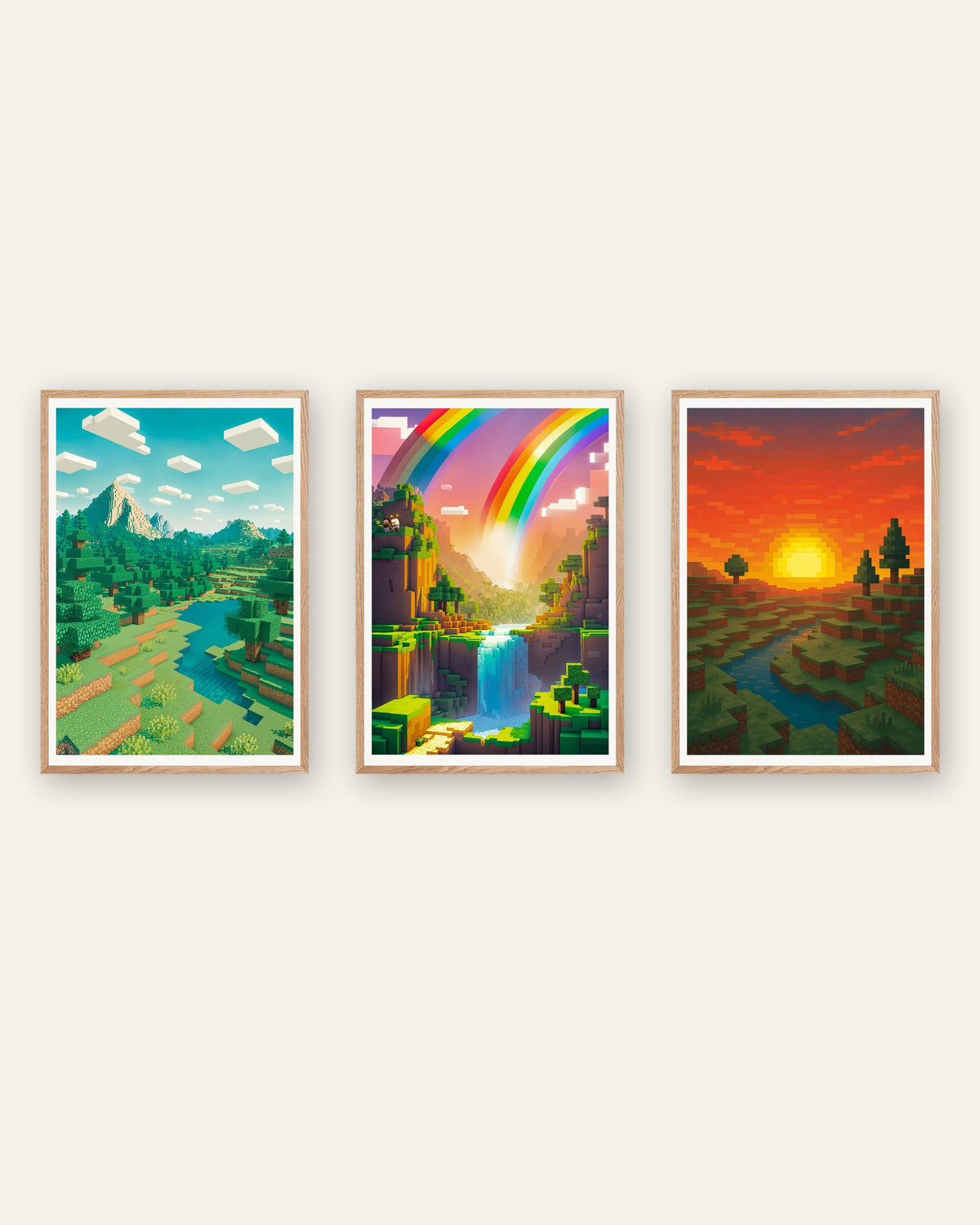 Pixel Art Landscape Posters Set of 3 – Mountain, Rainbow Valley & Sunset, prints in natural oak frames