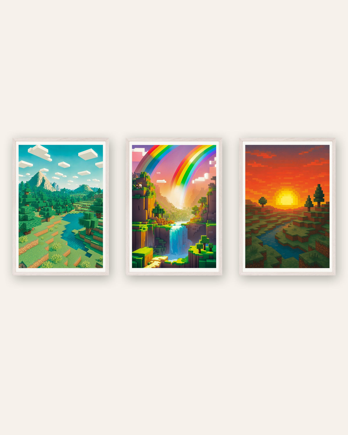 Pixel Art Landscape Posters Set of 3 – Mountain, Rainbow Valley & Sunset, prints in white oak frames