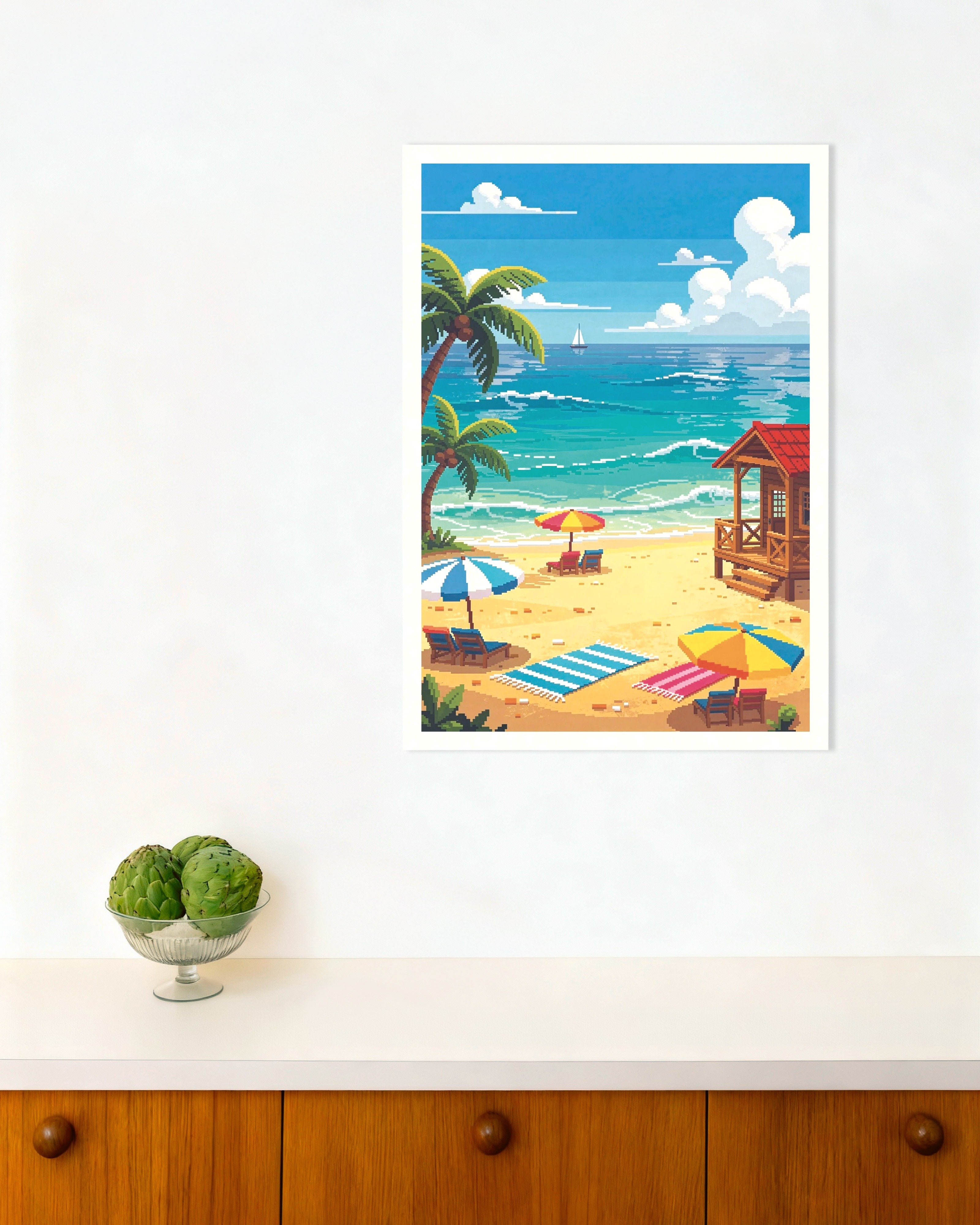 Poster of Pixel Beach Day with Palms and Beach Cabin